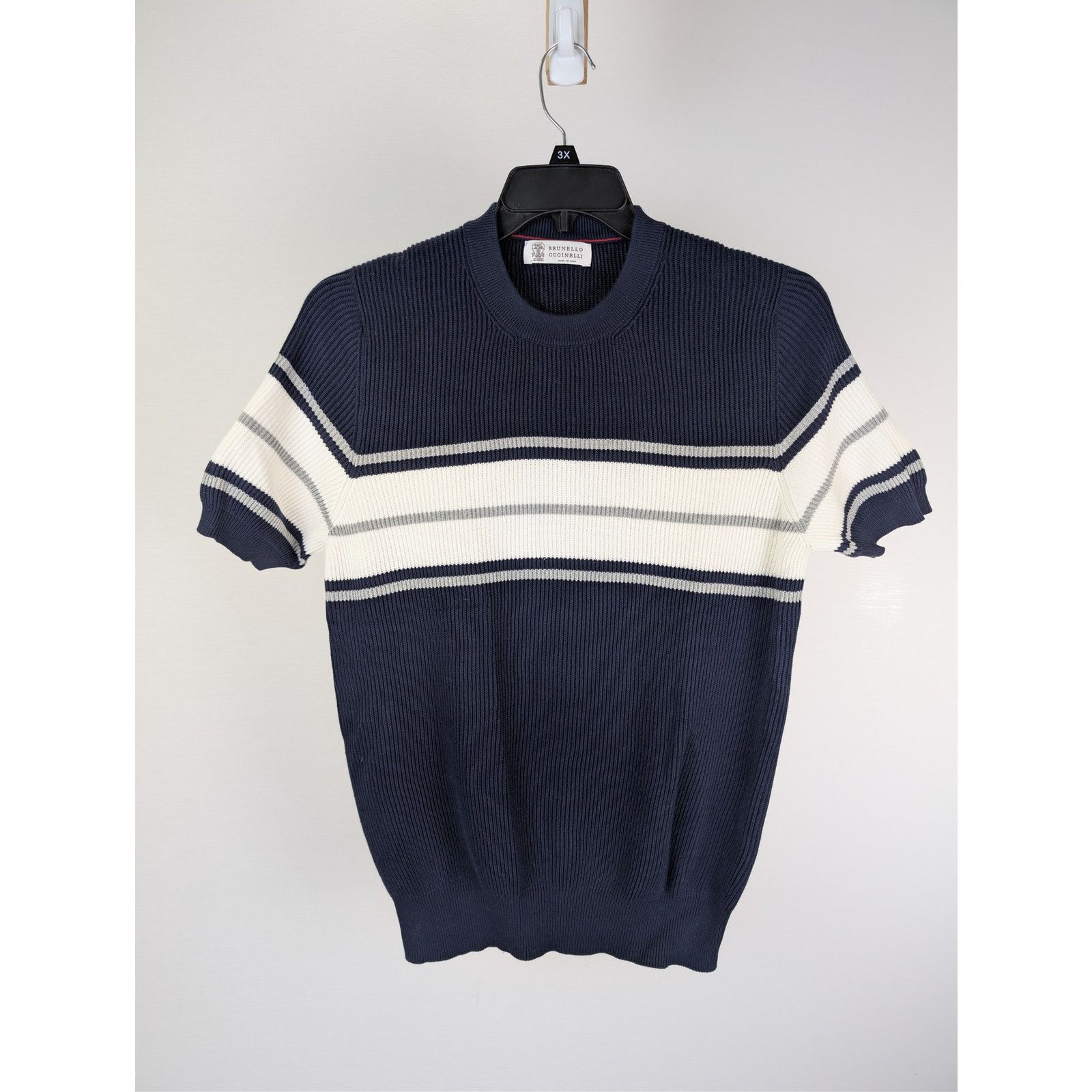 Brunello Cucinelli o1rshd1 CC20 Short-Sleeve Striped Crewneck Sweater navy blue Size US M / EU 48-50 / 2 - 2 Thumbnail