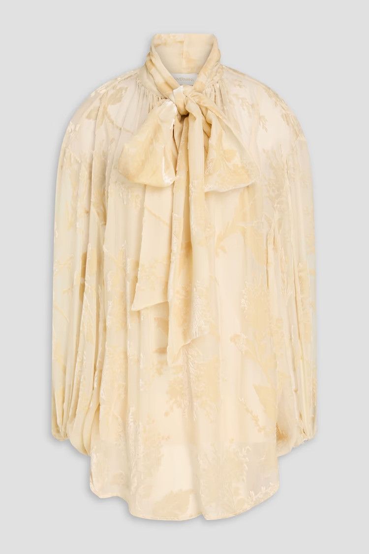 Zimmermann oc11z0526 Pussy-Bow Devoré-Velvet Blouse in Cream Size L / US 10 / IT 46 - 1 Thumbnail