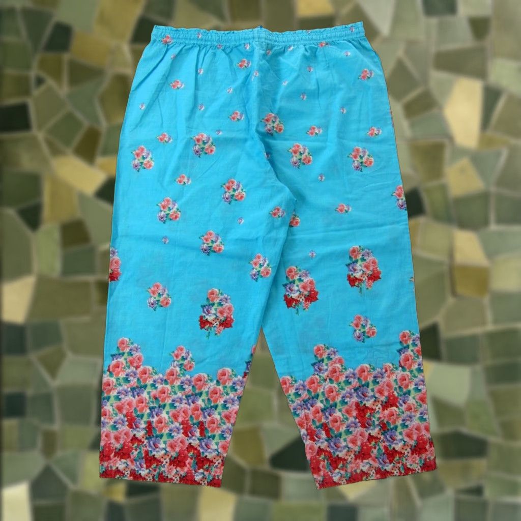 Vintage LA CERA 100% Cotton Blue Pink Green Rose Floral Wide Leg Pull On Pant Women XL Shirt Size 40" / US 18 - 1 Thumbnail