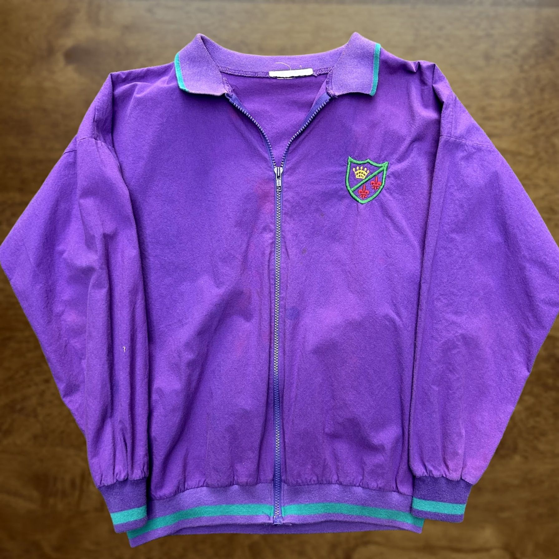 Vintage Crown Fleur De Lis Jacket Mens Medium Purple Zip Up Track Sweatshirt Embroidered Size US L / EU 52-54 / 3 - 1 Thumbnail
