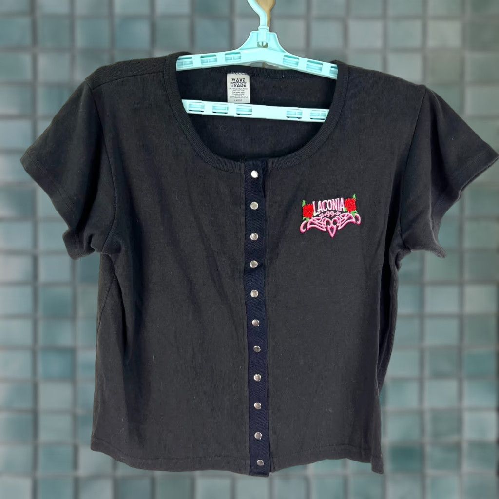 Vintage VINTAGE Wave Trade Laconia 1999 Bike Rally Top Womens L Black Knit 100% Cotton Casual Short Sleeve United States 1990s Womens Size L / US 10 / IT 46 - 1 Thumbnail