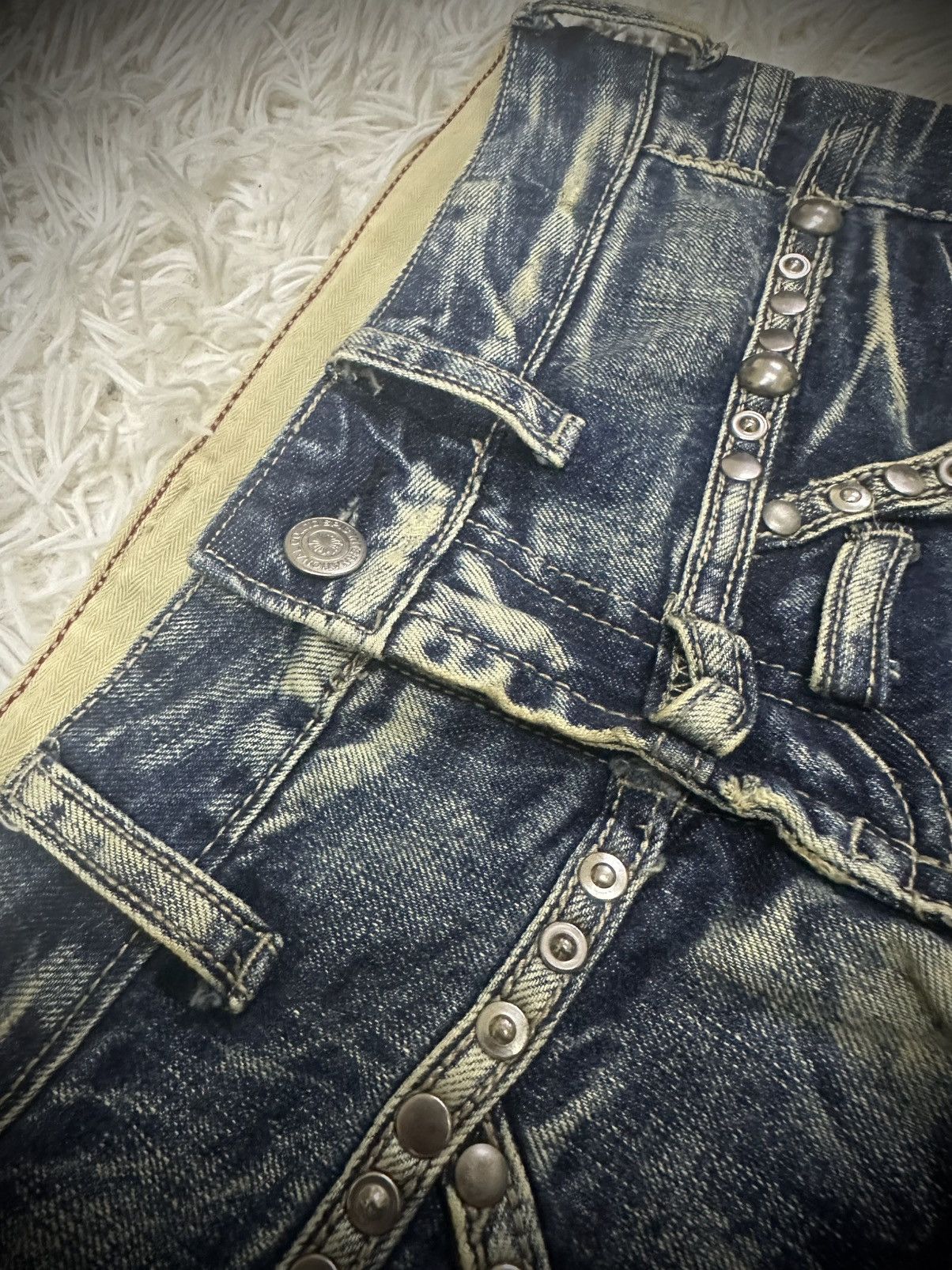 If Six Was Nine rare 2000s tornado mart straps studded flared denim jeans Size US 31 - 5 Thumbnail