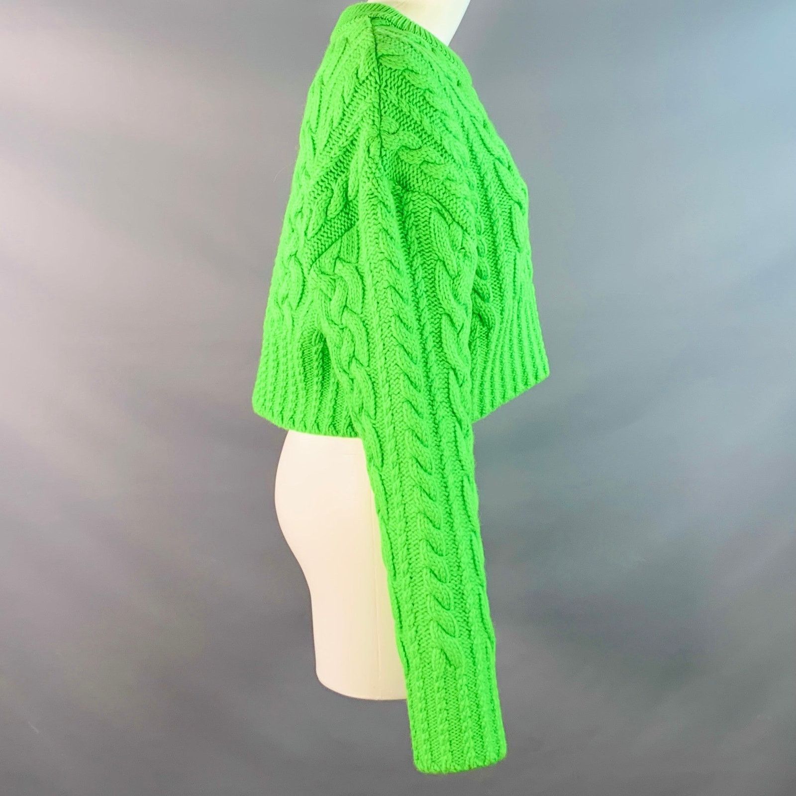 AMI Size M Lime Green Wool Cable Knit Cropped Sweater Size M / US 6-8 / IT 42-44 - 3 Thumbnail