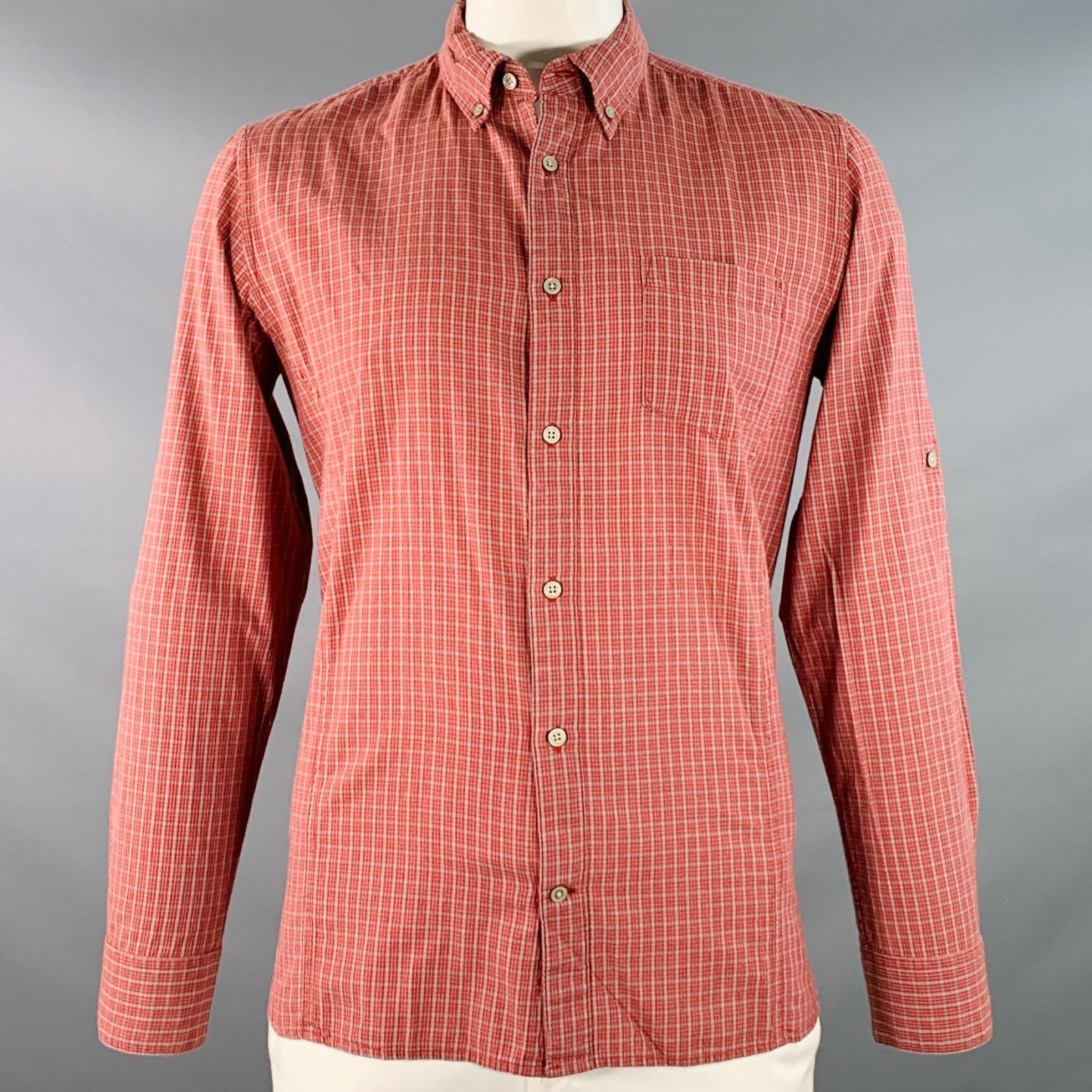 John Varvatos Size L Red Grey Checkered Cotton Long Sleeve Shirt Size US L / EU 52-54 / 3 - 1 Thumbnail