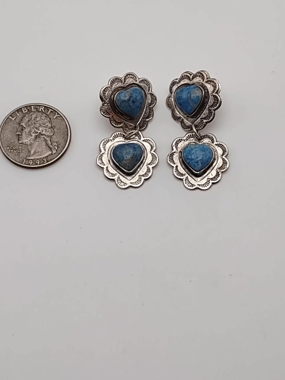 The Unbranded Brand Sterling Silver Turquoise Style Double Heart Dangle Earrings Size ONE SIZE - 2 Thumbnail