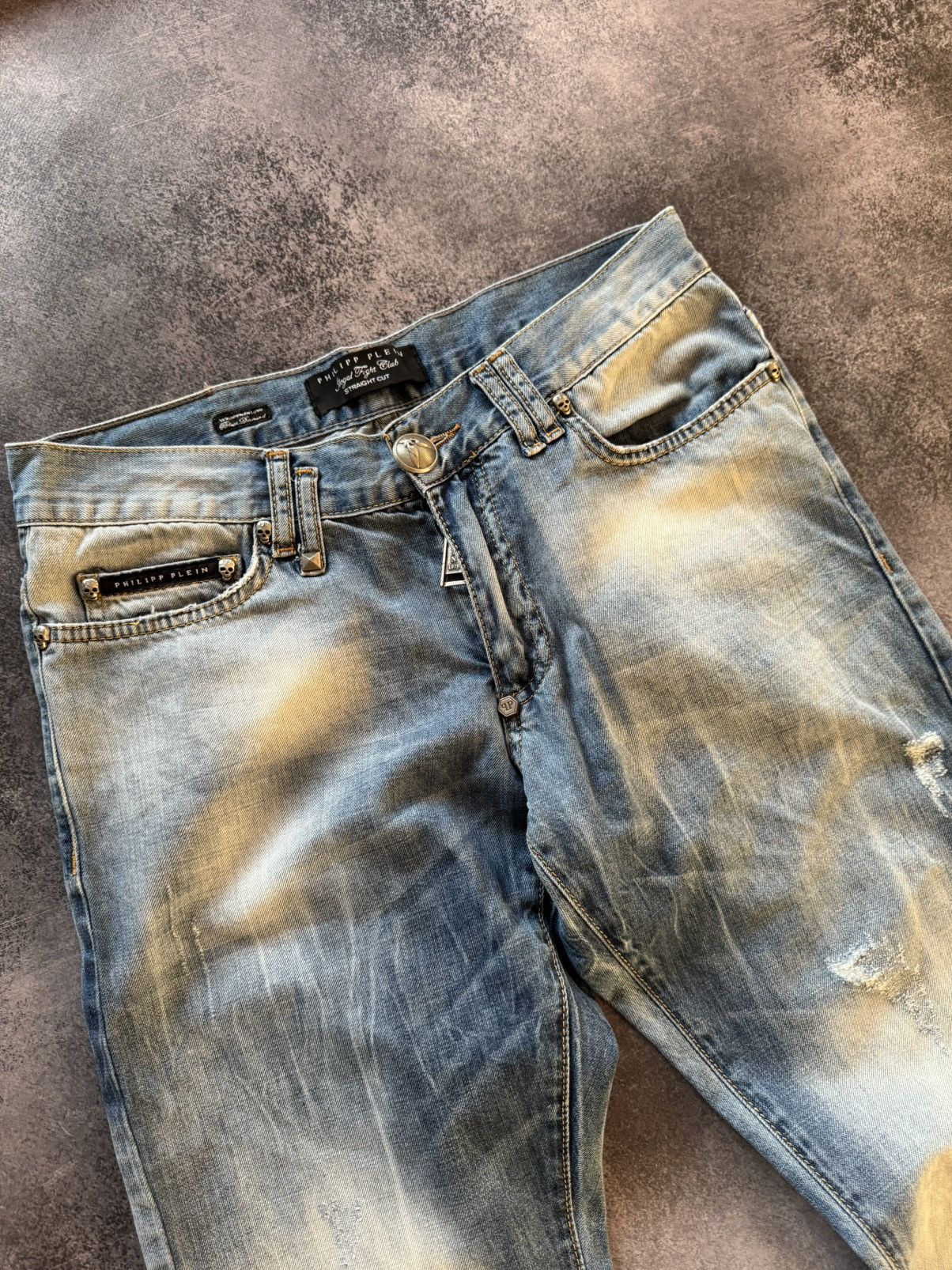 Hysteric Glamour Philip Plein Skull Embossed Crash Distressed Straight Jeans Size US 30 / EU 46 - 9 Thumbnail