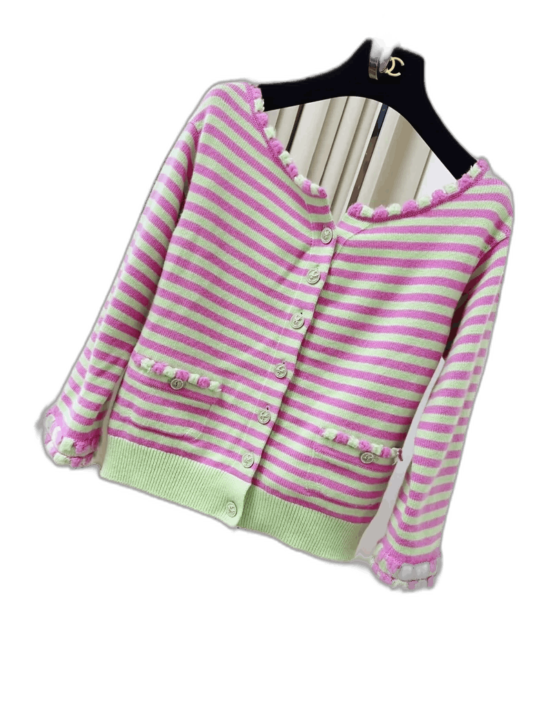 Chanel Chanel Striped Knit Cardigan in Pink Green Size M / US 6-8 / IT 42-44 - 1 Thumbnail