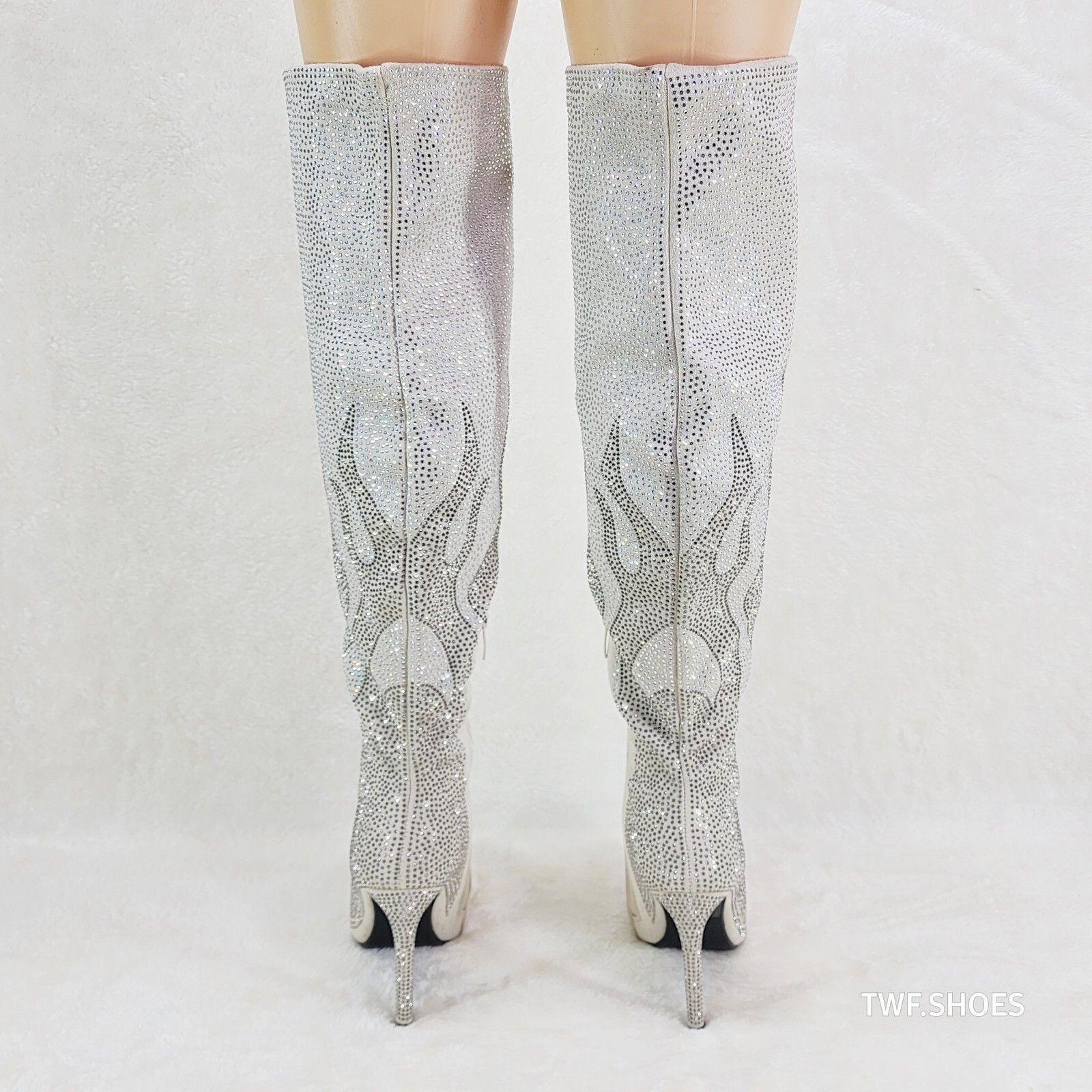 Other Like It Hot Ivory & Silver Rhinestone Flame Detail Sexy OTK Size US 11 / IT 41 - 3 Thumbnail
