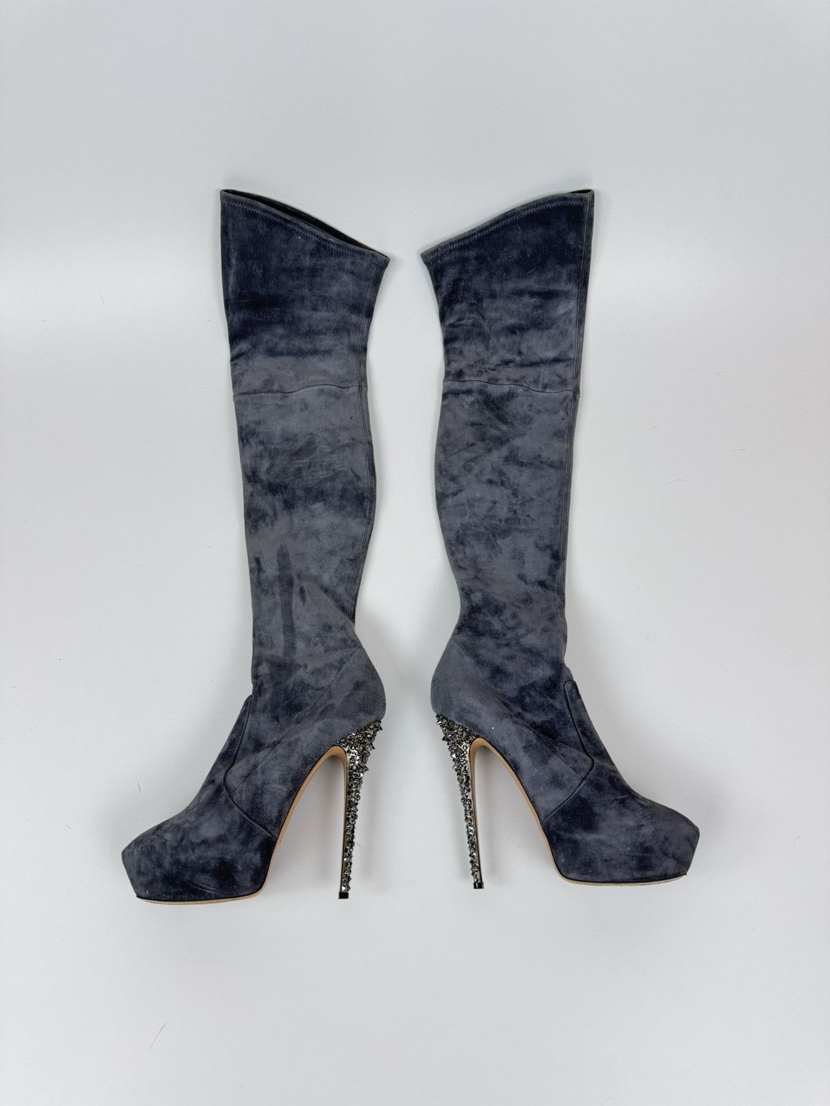 CASADEI Suede Over The Knee Boots Stiletto Crystal Heels