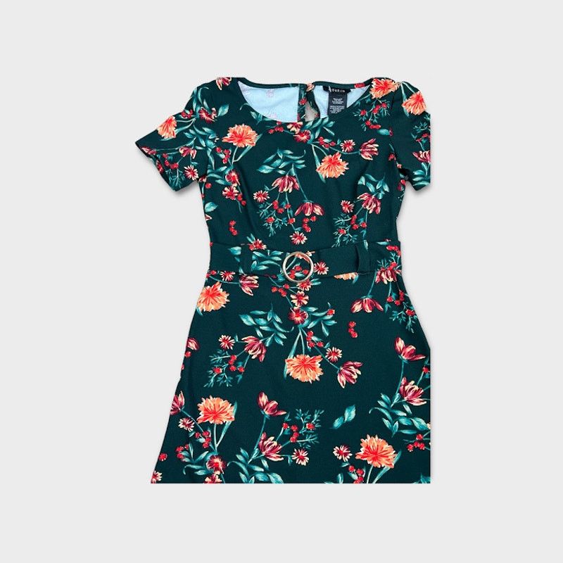 Macys B Darlin | Belted Floral Dress Dark Green | Size 5/6 Size M / US 6-8 / IT 42-44 - 6 Thumbnail