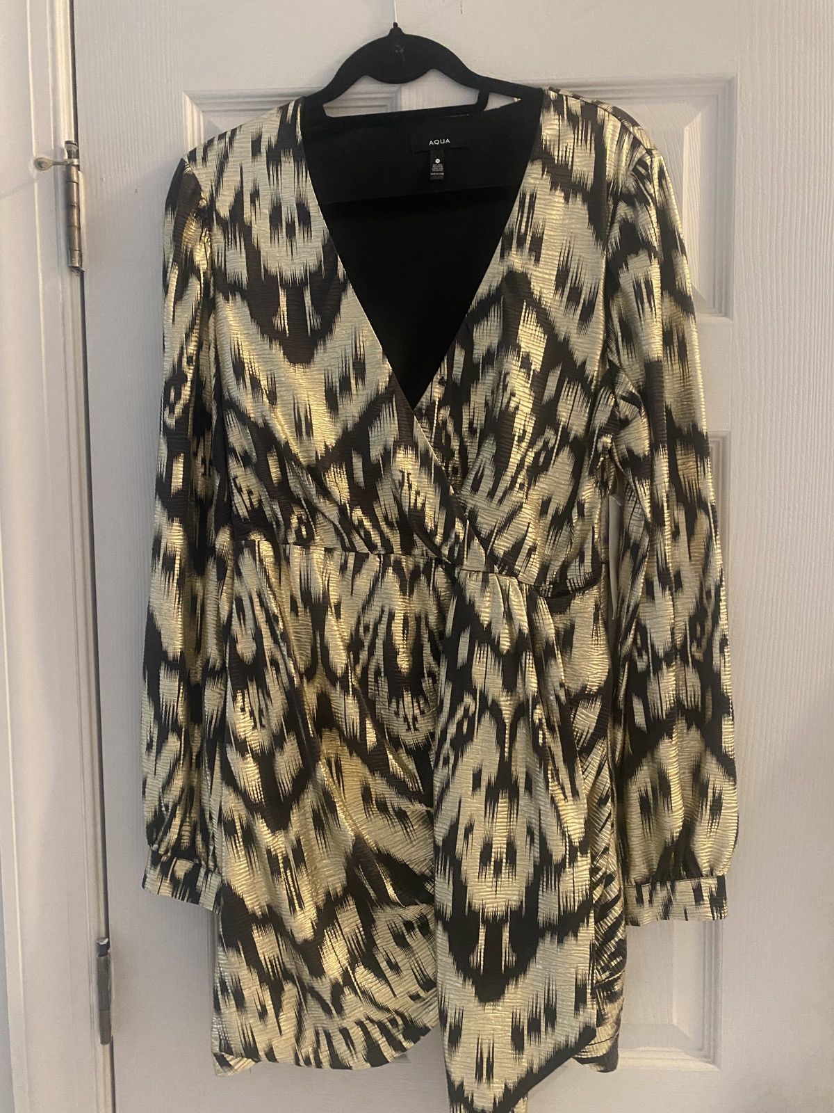 AQUA Aqua Black and gold foil print, faux wrap dress NWT | Grailed