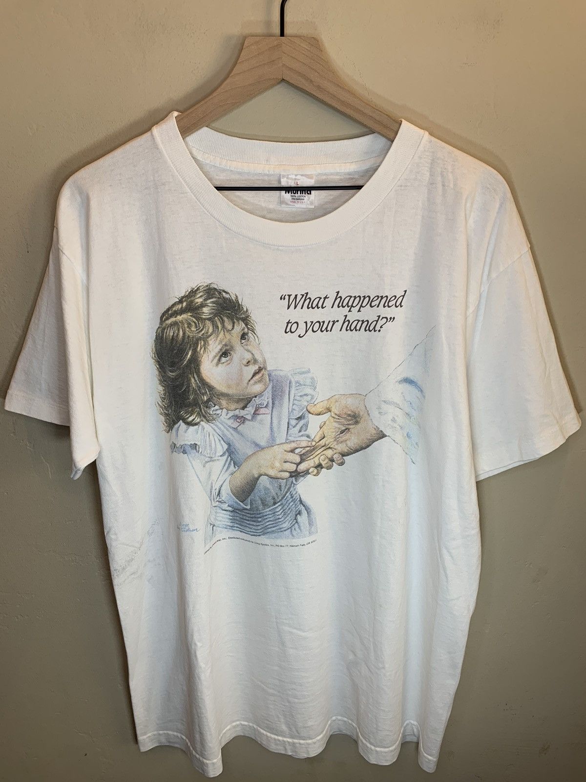 Vintage *RARE* Vintage 80’s Jesus What Happened To Your Hand T-Shirt Size US L / EU 52-54 / 3 - 1 Thumbnail