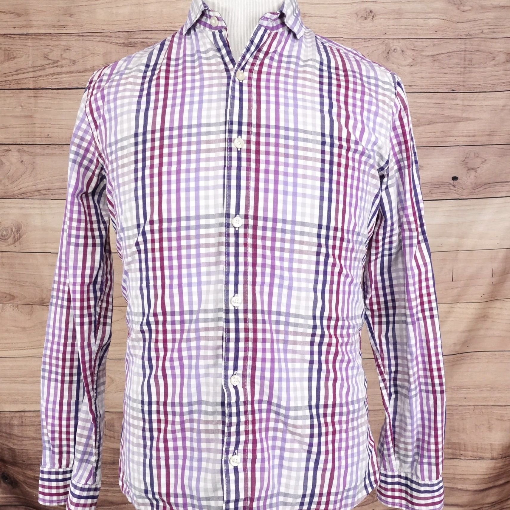 Liz Claiborne Claiborne Slim Fit Button-Up Shirt Mens Medium Purple Plaid Long Sleeve Casual Size US M / EU 48-50 / 2 - 3 Thumbnail