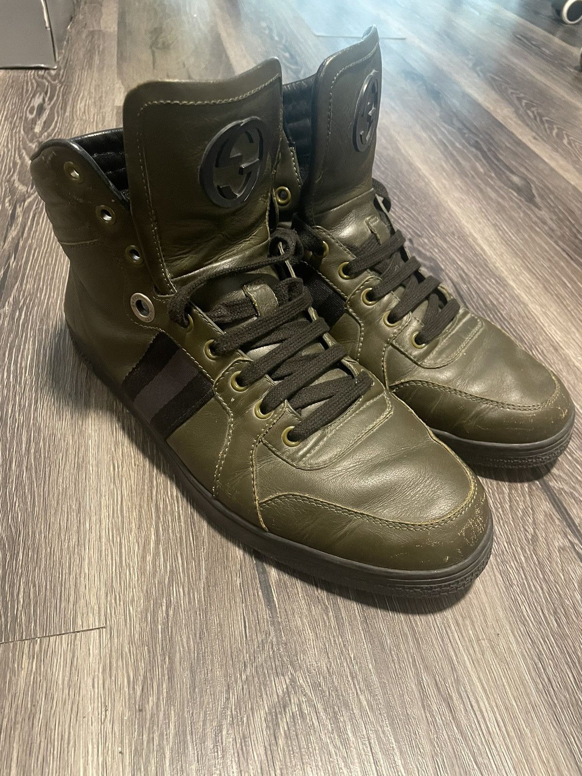 Gucci Gucci Army Green Leather Web Viaggio High Top Sneakers Grailed