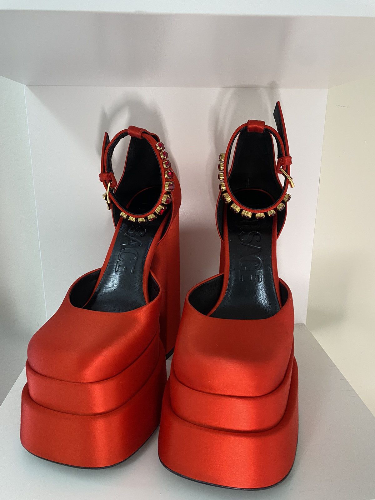 image of Versace Medusa Aevitas Embellished Satin Platform Pumps Shoes in Red, Women's (Size 4)