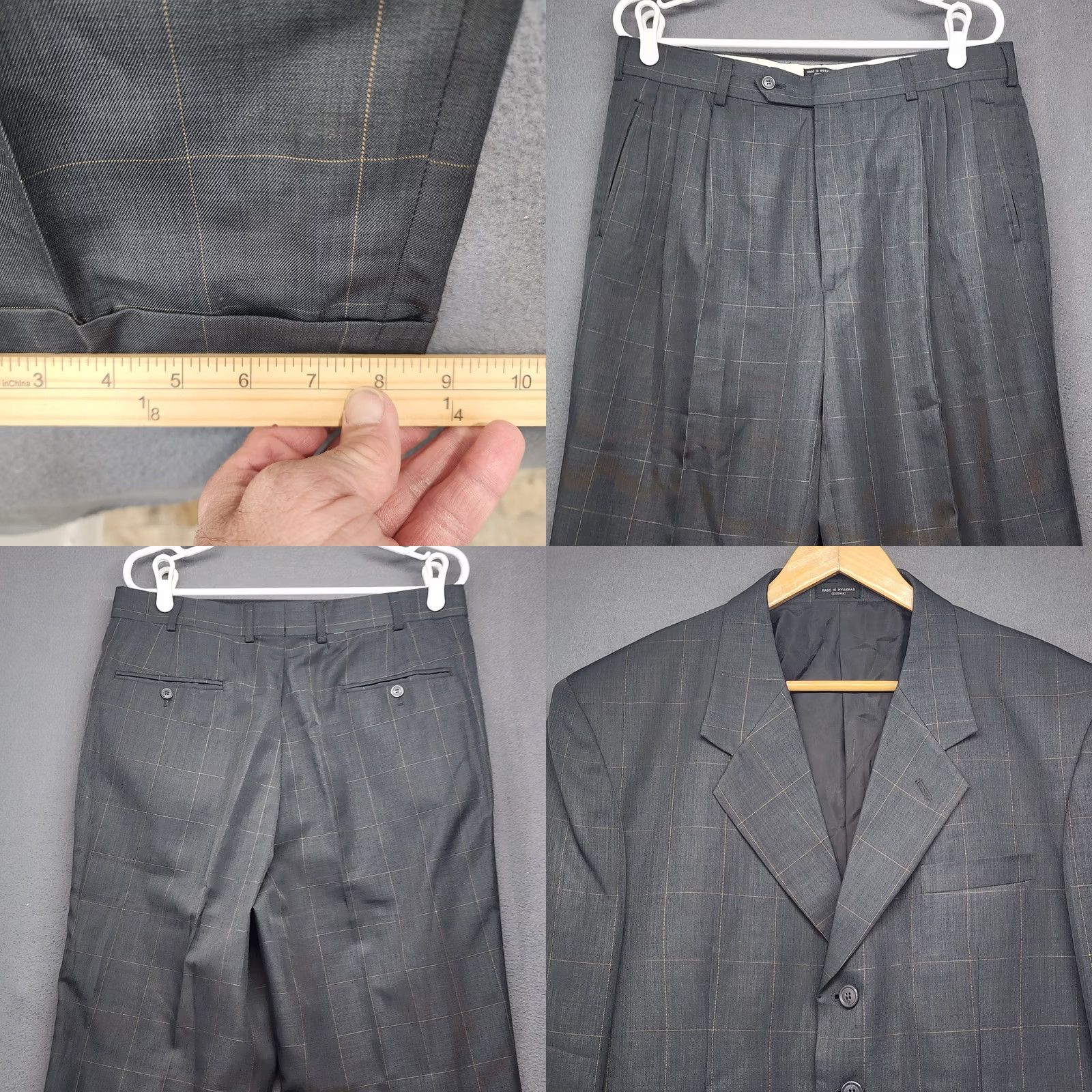 Vintage VINTAGE? Gianni Vironi Mens Gray Suit 42L 33W Windowpane Plaid Jacket Pants Pleated Cuff 2 Piece Suit Mens Size 42R - 10 Thumbnail
