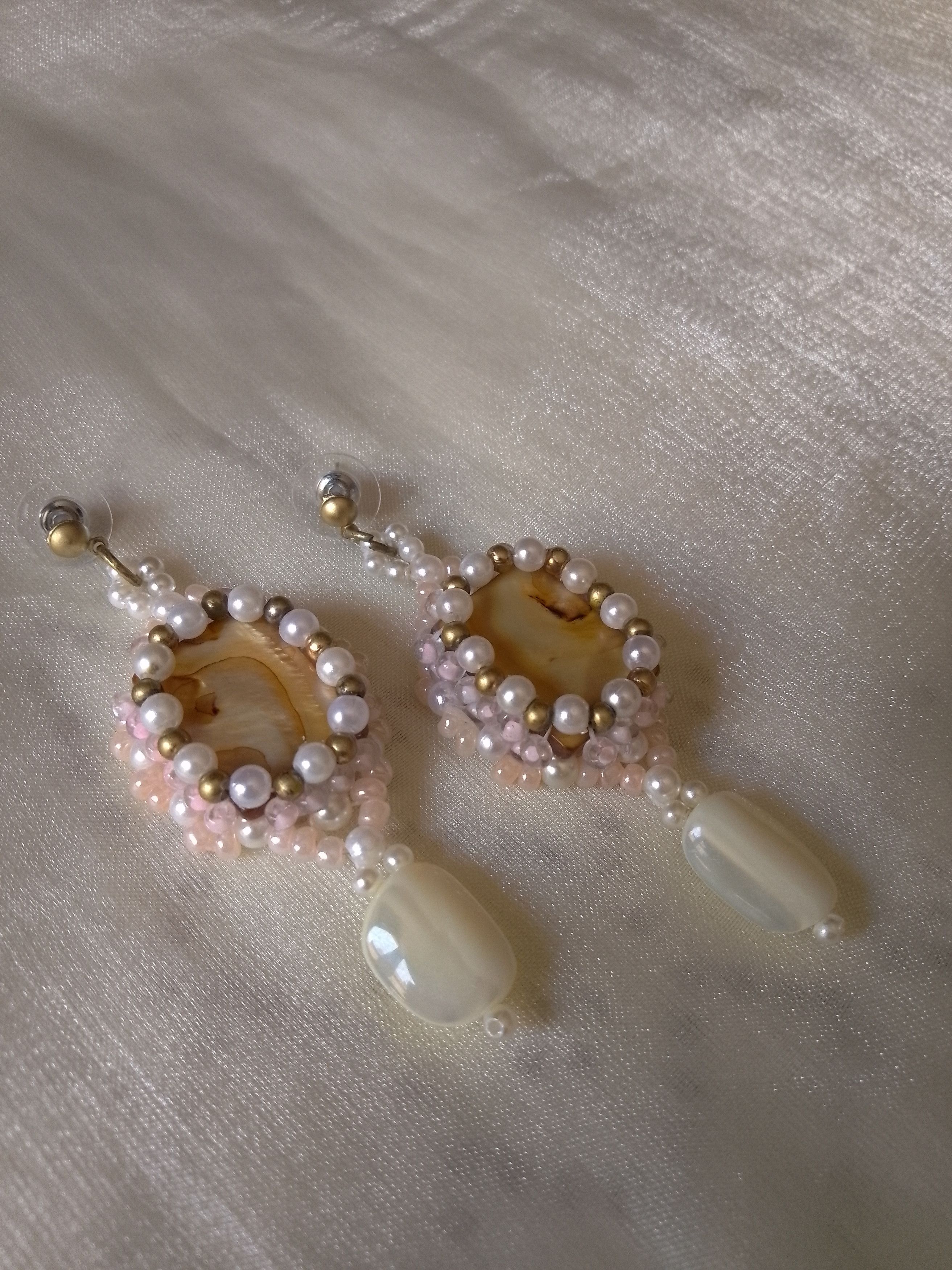 Handmade Precious Earrings Mother of Pearl Gemstones Antique '70 Size ONE SIZE - 4 Thumbnail