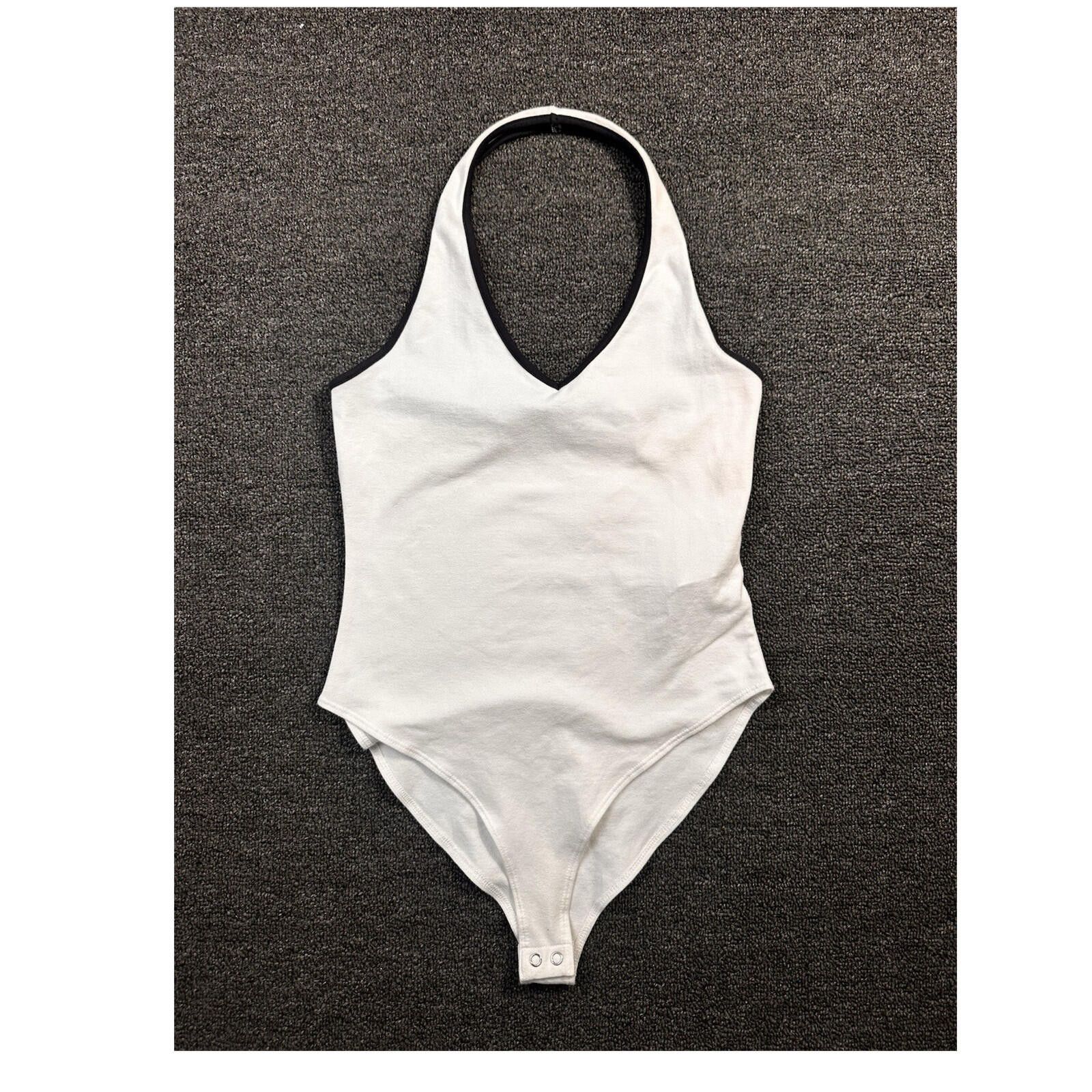 Forever 21 Forever 21 White/Black Halter V-Neck Bodysuit Solid Size S Size ONE SIZE - 1 Thumbnail