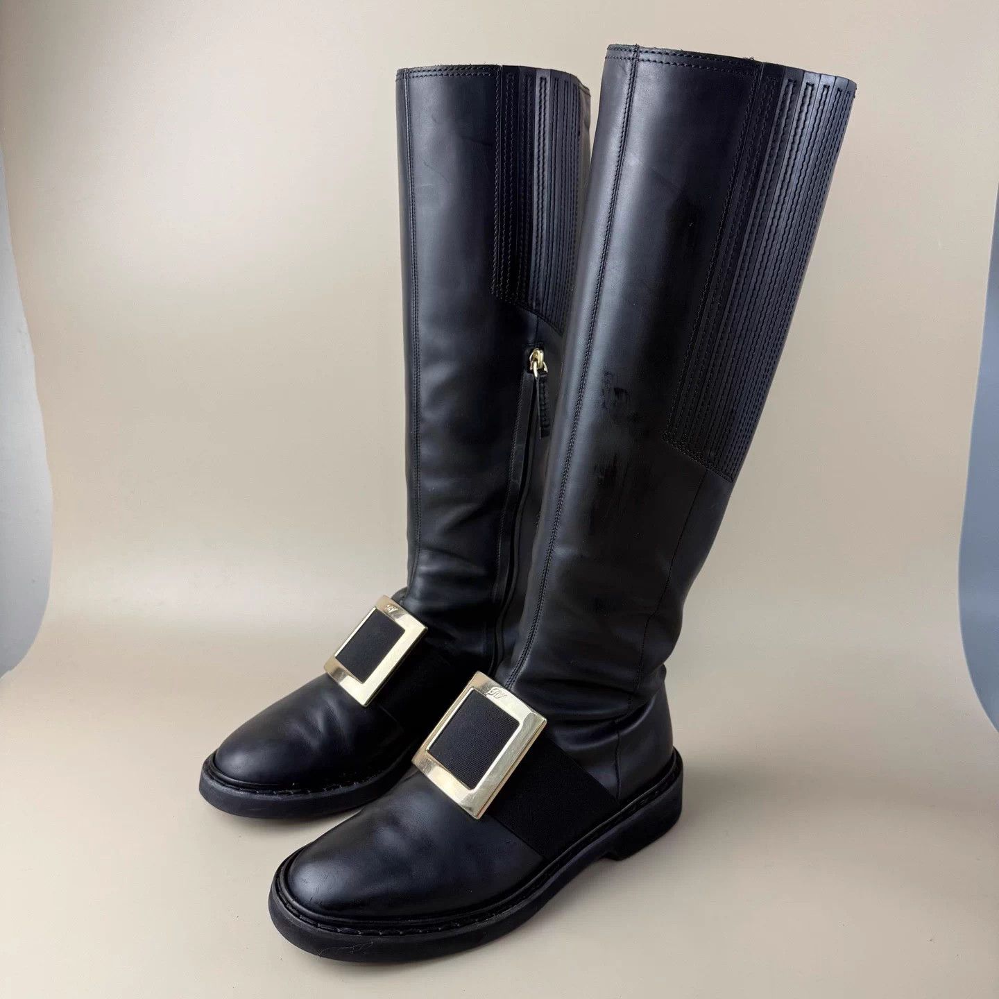 Roger Vivier RV black gold square buckle zip knee-high boots 37.5 Size US 6.5 / IT 36.5 - 1 Thumbnail