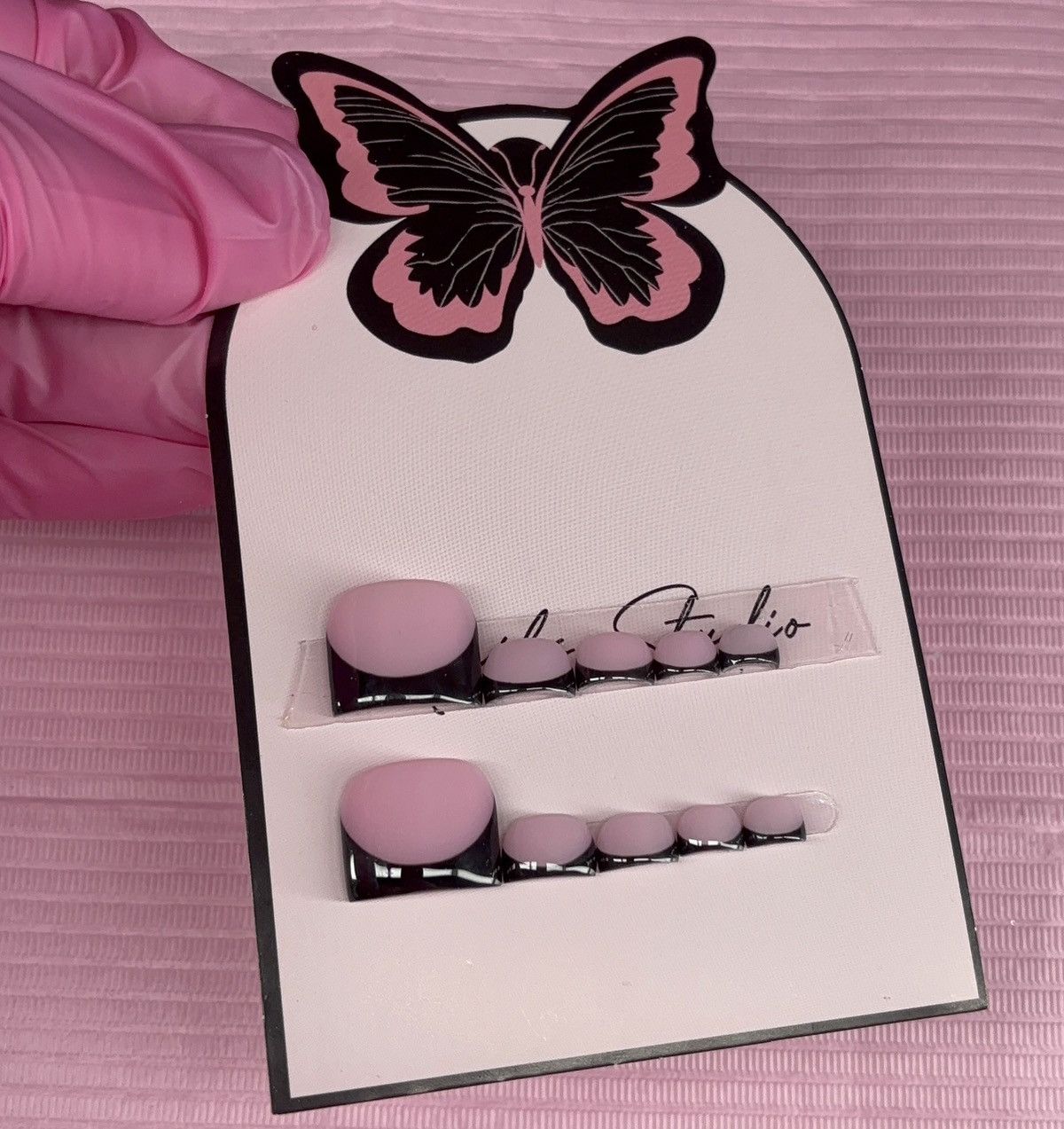 Handmade press on toenails pink nude black French tips handmade gel Size ONE SIZE - 20 Thumbnail
