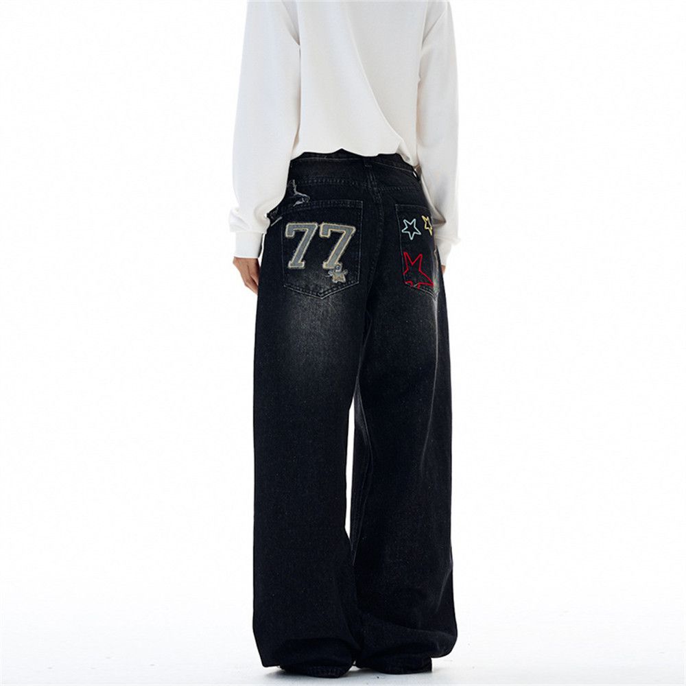 Jean Men's loose washed wide-leg pocket embroidered jeans Size US 32 / EU 48 - 3 Thumbnail