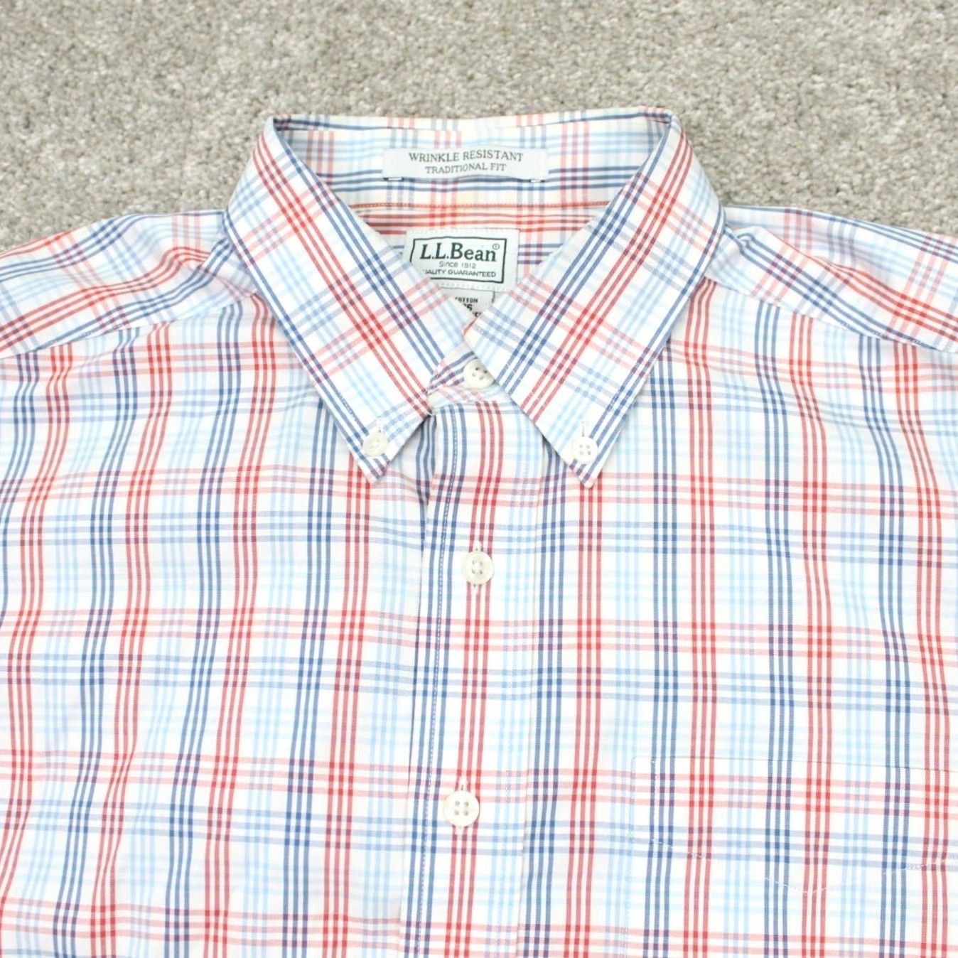 Vintage LL Bean Shirt Mens 15 1/2 36 Wrinkle Resistant Classic Fit L/S Plaid White Red Blue Dress Shirt Size US L / EU 52-54 / 3 - 5 Thumbnail