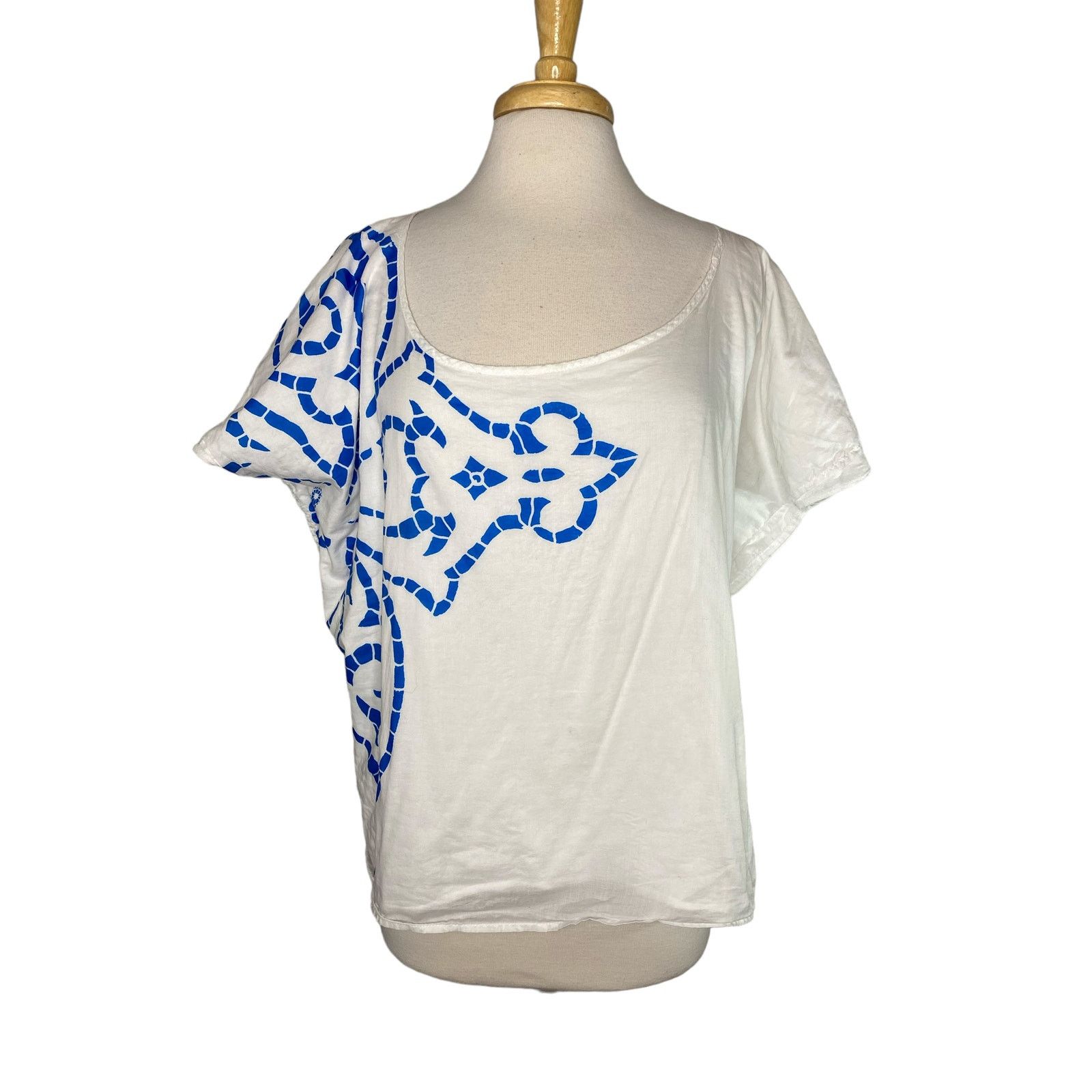 MONROW MONROW Blue White Woven One Size Top Blouse 100% Cotton Size ONE SIZE - 1 Thumbnail