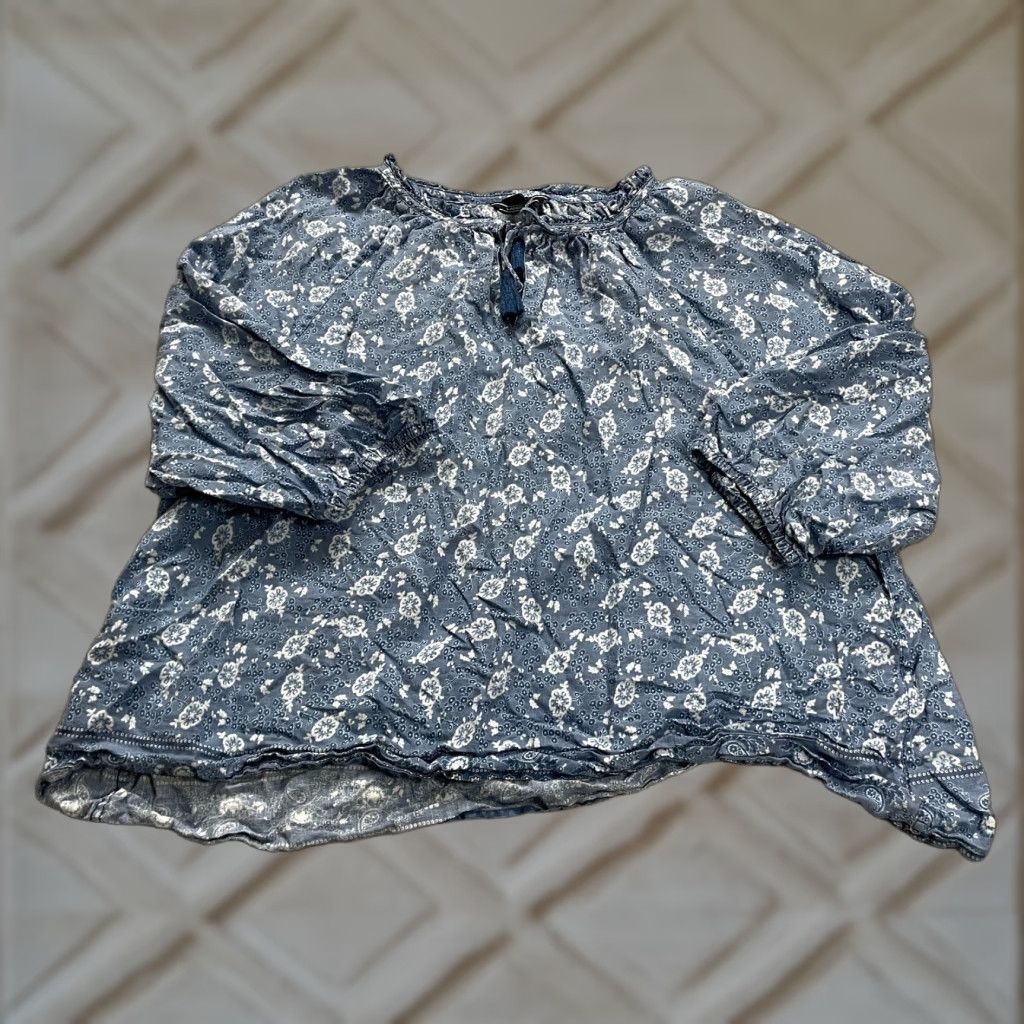 Lands' End Lands' End Linen Blouse Womens 3XL Blue Floral 3/4 Sleeve Tassel Relaxed Tunic Shirt Size XXL / US 16-18 / IT 52-54 - 1 Thumbnail