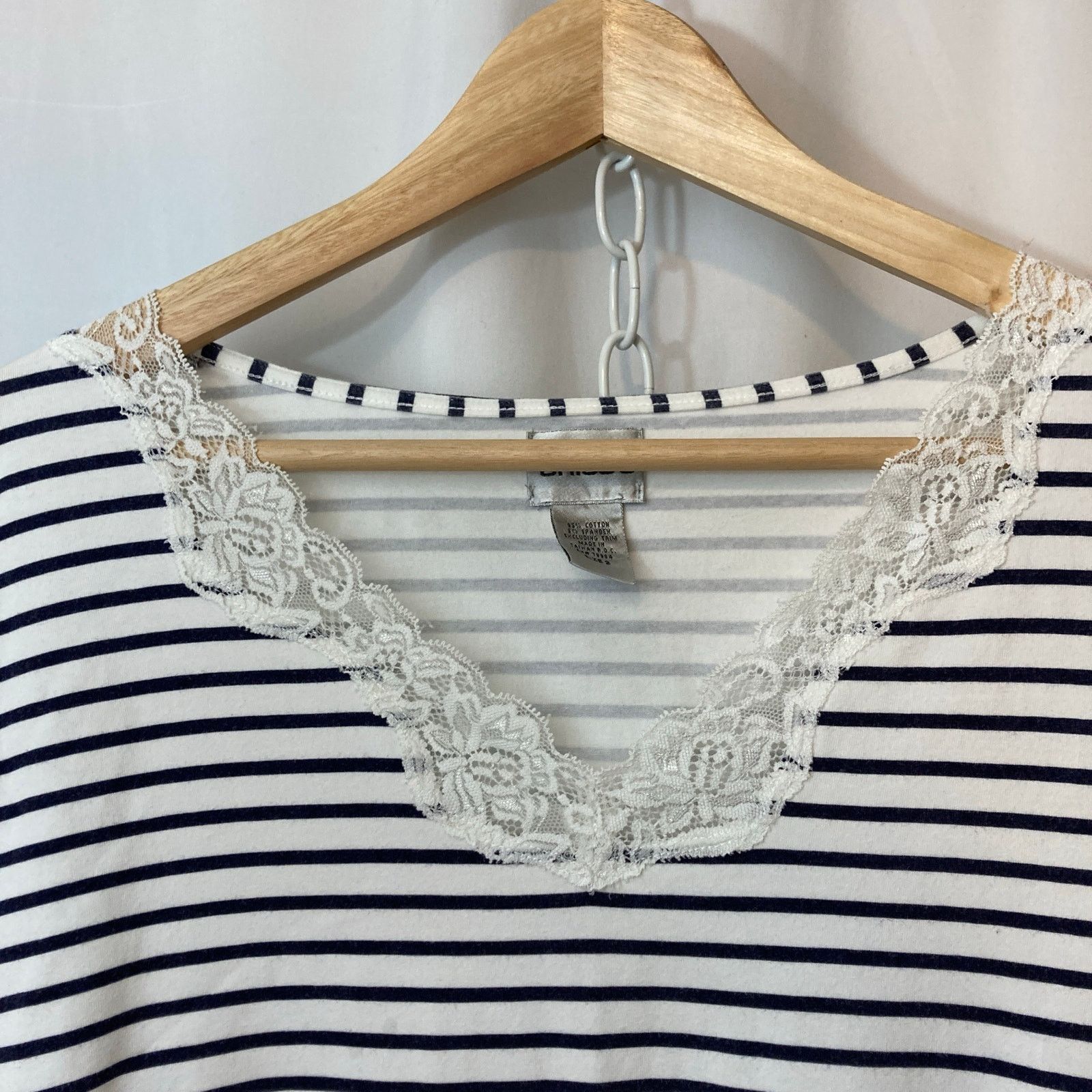 Chicos Chico’s Black and White Striped Lace V-Neck Tee T-Shirt Top Size L / US 10 / IT 46 - 2 Thumbnail