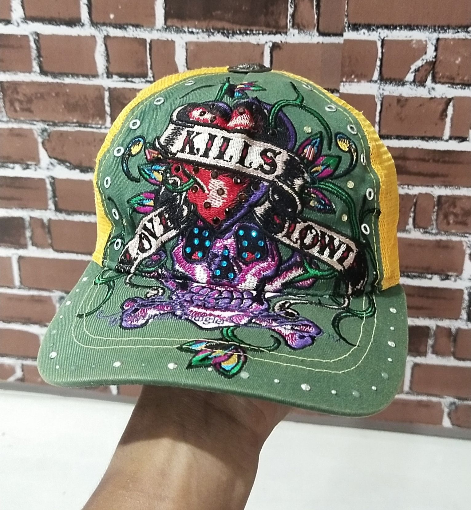 image of Christian Audigier x Ed Hardy Y2K Ed Hardy Bedazzled Trucker Hat, Men's
