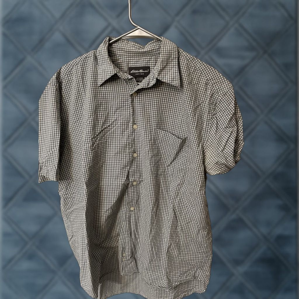 Eddie Bauer VINTAGE Eddie Bauer Button-Down Shirt Men L Gray Gingham Plaid Short Sleeve Cotton 90s Theme Mens Size US 33 - 1 Thumbnail