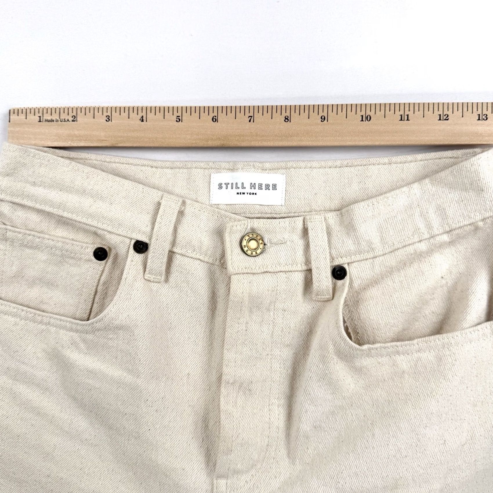 Still Here Still Here Jeans Womens 25 Ivory Bone Striped High Rise Denim Cotton 5-Pocket Logo Button Straight Vintage? Size 42" / US 20 - 6 Thumbnail