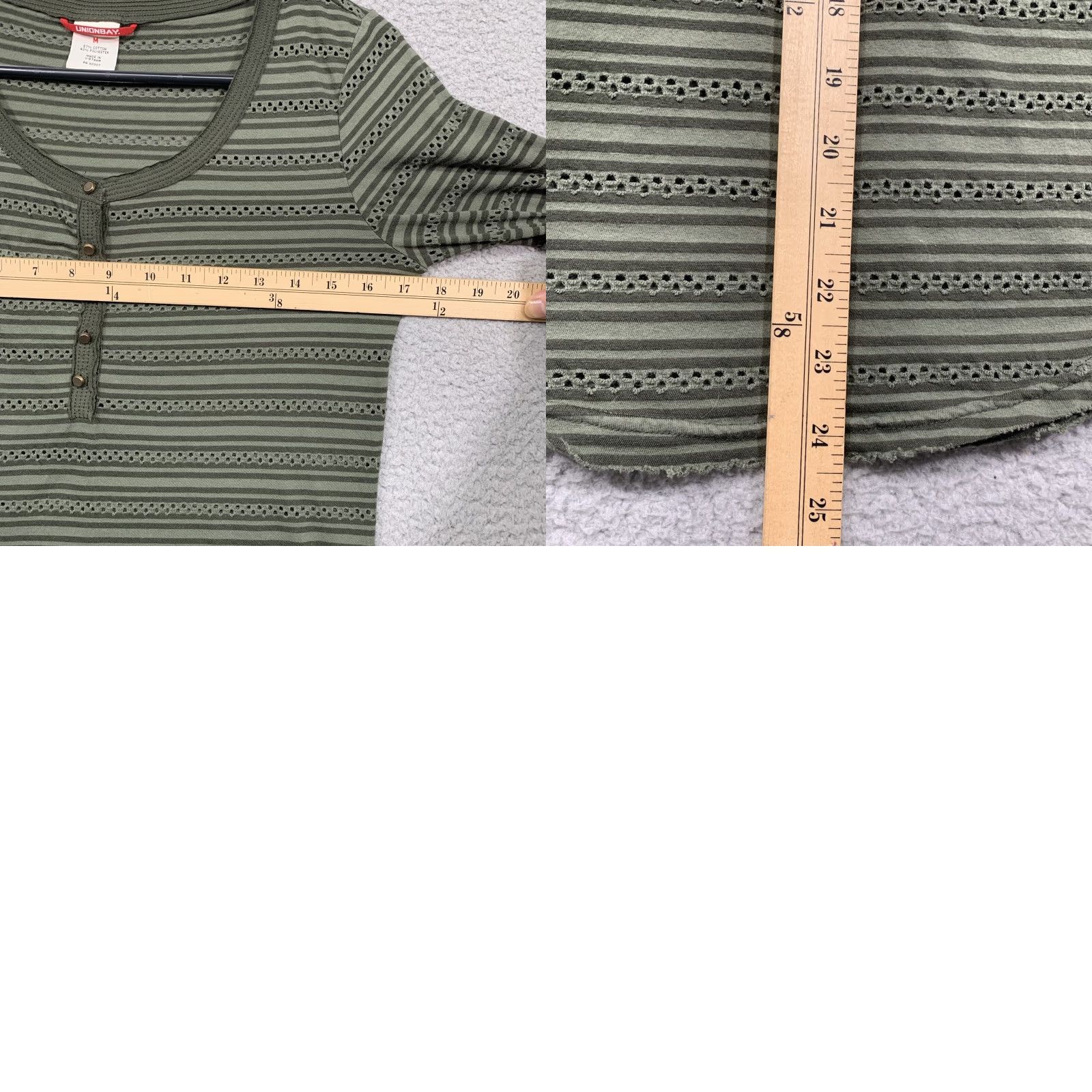 Vintage VINTAGE Union Bay Womens Top M Forest Green 3/4 Sleeve Breathable Rounded Hem Stripes & Lace Holes Cotton Polyester Pullover Button KnITS Womens Size M / US 6-8 / IT 42-44 - 9 Thumbnail