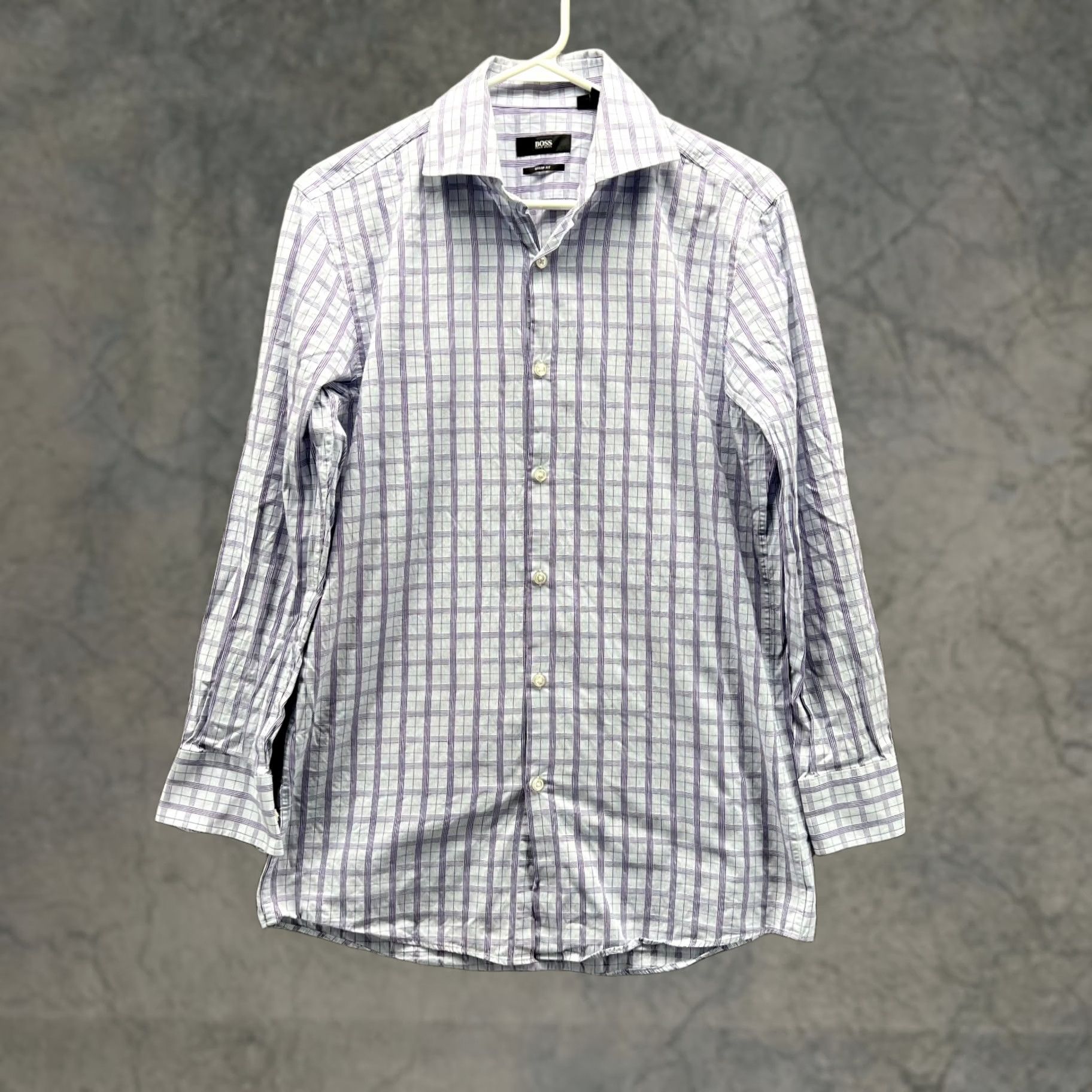 Hugo Boss VINTAGE Hugo Boss Shirt Men 15 32/33 Purple Blue Button-Down Plaid Check Sharp Fit Size US M / EU 48-50 / 2 - 1 Thumbnail