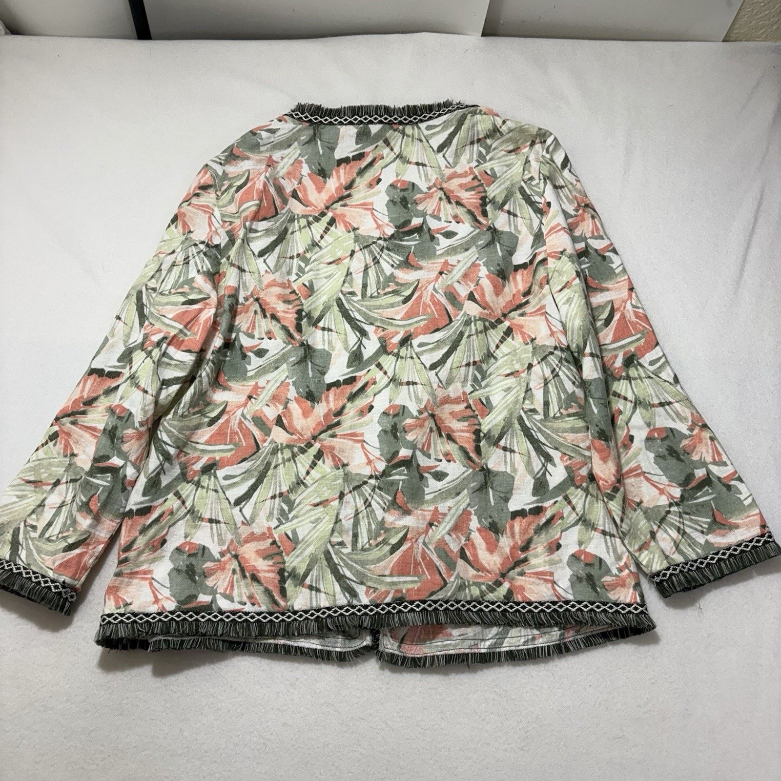 Chicos Chico's Large Open Front Fringe Cardigan Linen Blend Floral Size L / US 10 / IT 46 - 10 Thumbnail