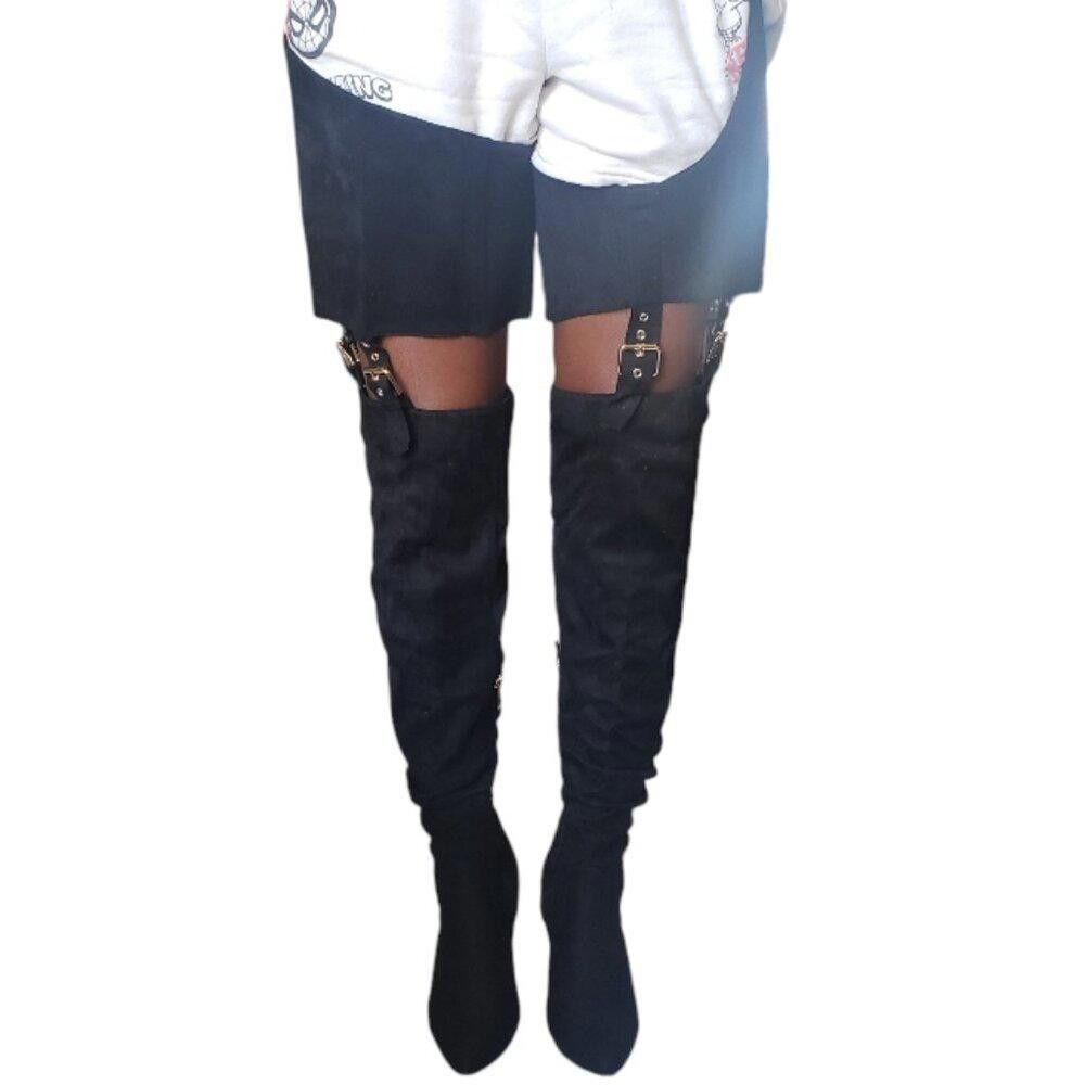 Designer Detogni Black Faux Suede Thigh High Boots Size 8 Size US 8 / IT 38 - 8 Thumbnail