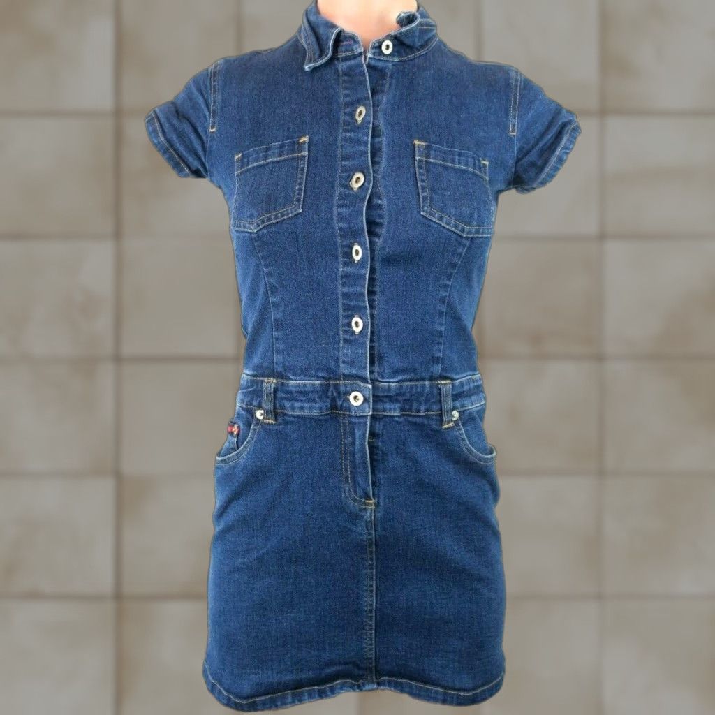 VINTAGE Tommy Hilfiger Denim Dress Sleeveless Collared Short 90s