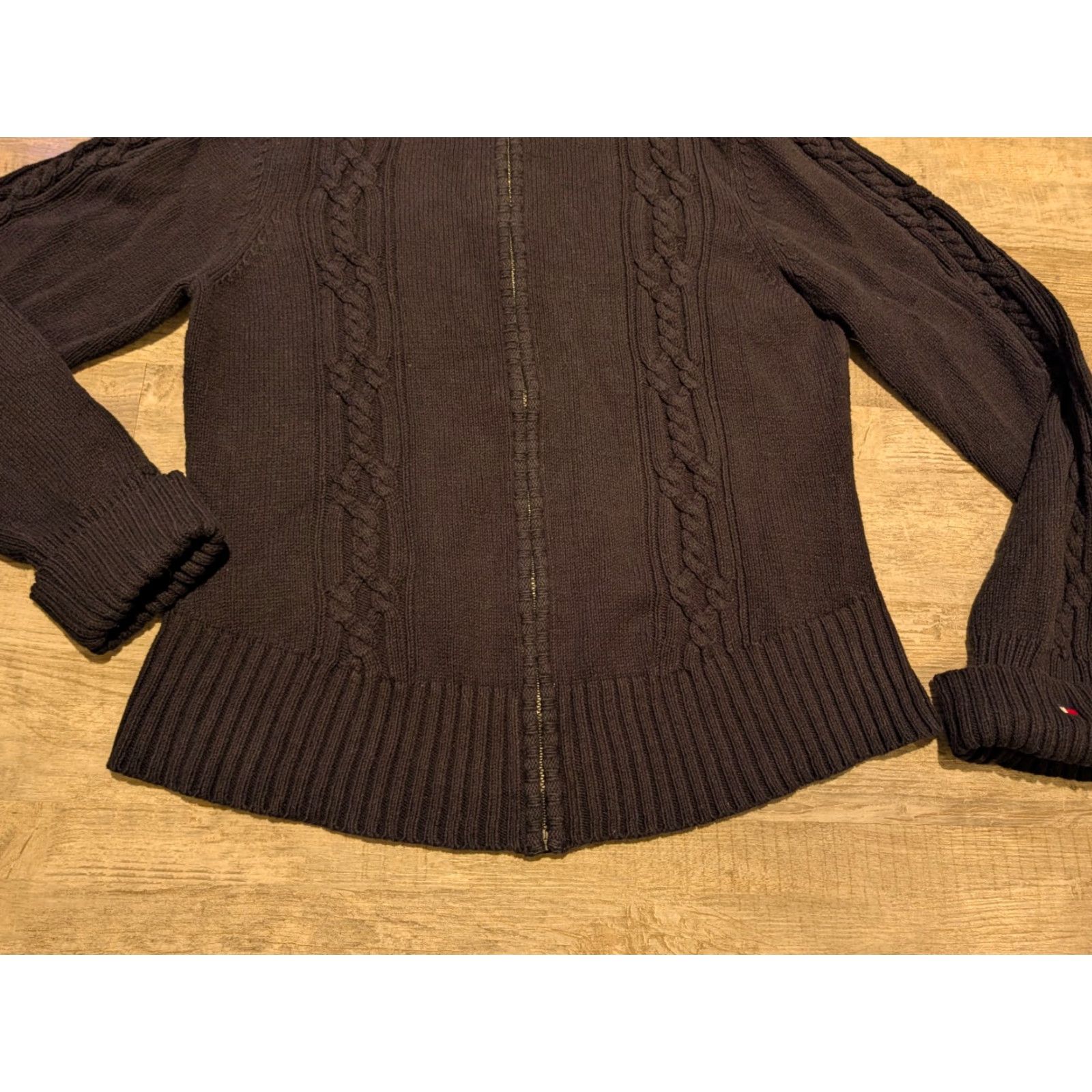 Tommy Hilfiger VINTAGE Tommy Hilfiger Women’s Sweater Full Zip Hooded Cable Knit Black XL Japan Size XL / US 12-14 / IT 48-50 - 6 Thumbnail