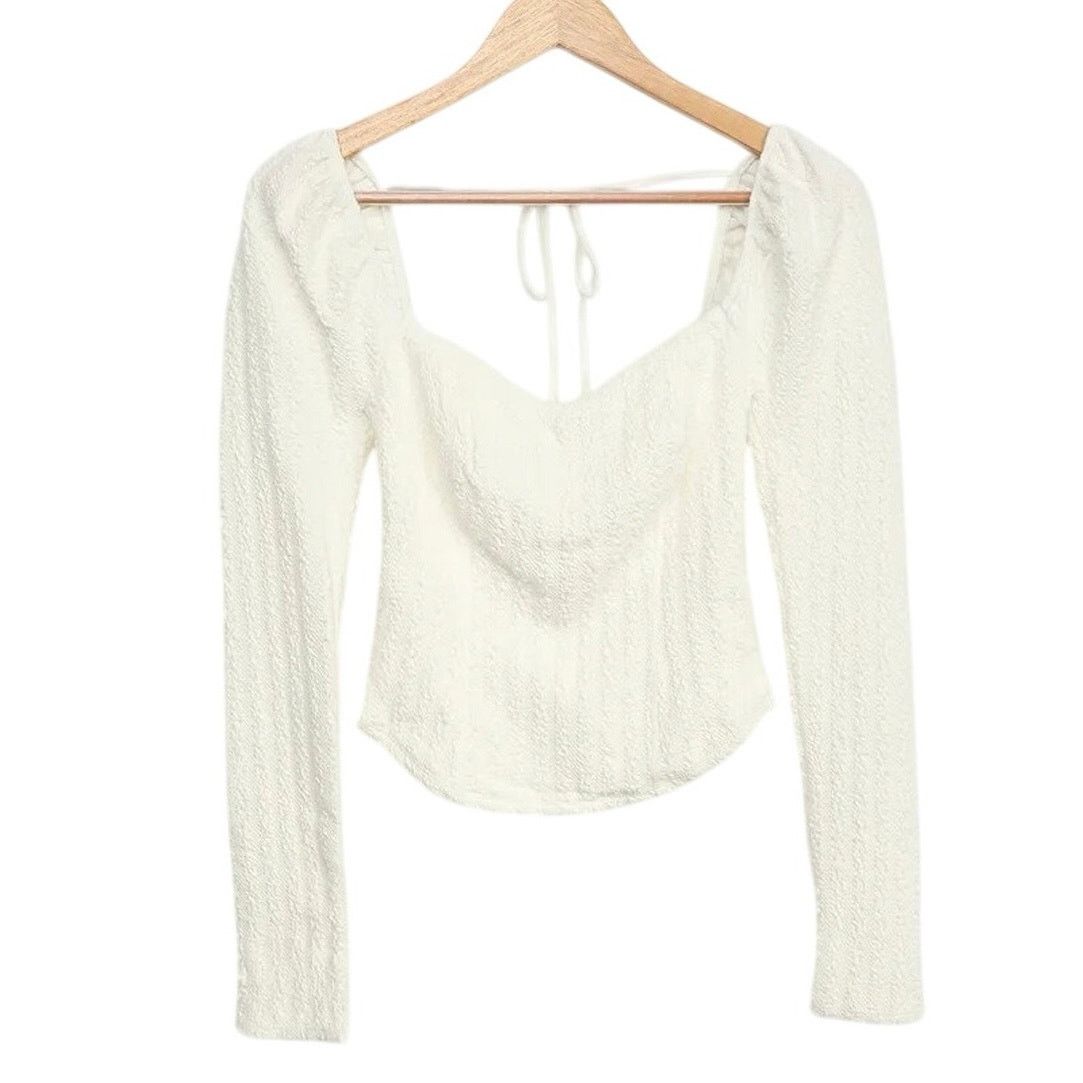Free People NWT FREE PEOPLE Brittany White Ribbed Puff Sleeve Top Large Size L / US 10 / IT 46 - 6 Thumbnail