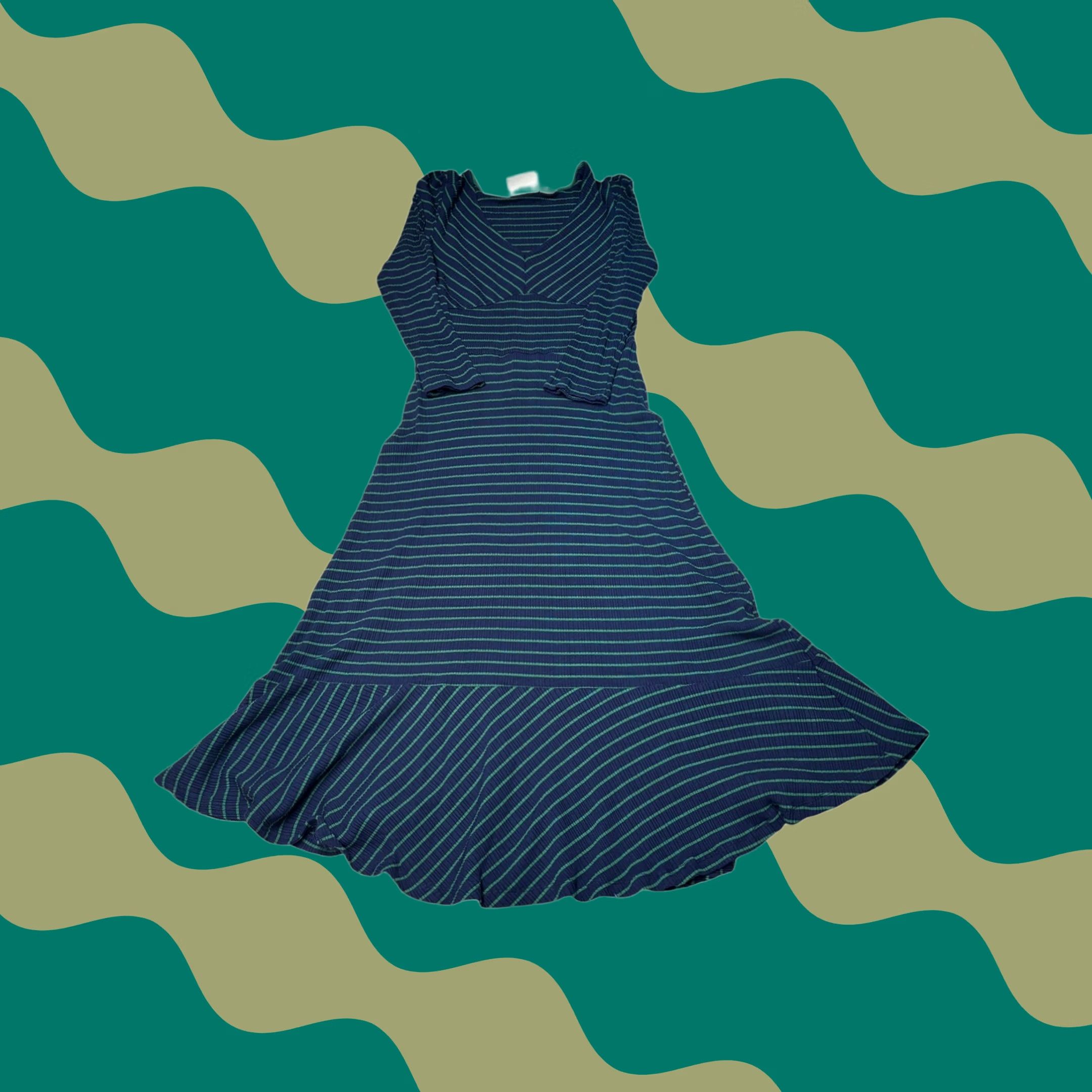 Anthropologie Maeve Anthropologie Midi Dress Womens S Navy Green Striped Ribbed Knit V-Neck Size S / US 4 / IT 40 - 1 Thumbnail