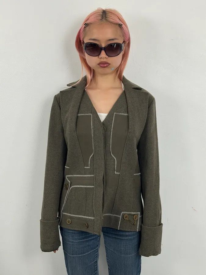 Dior AW2006 Christian Dior Khaki Wool Contrast Stitch Blazer Jacket Size M / US 6-8 / IT 42-44 - 2 Thumbnail