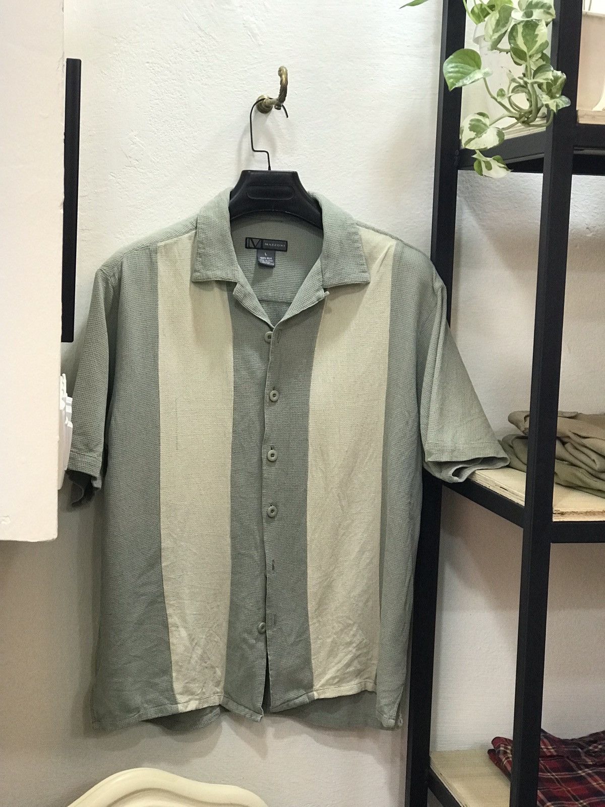 Handmade PURE SILK SAGE GREEN CREAM WAFFLE TEXTURE BUTTONUP Size US L / EU 52-54 / 3 - 1 Thumbnail