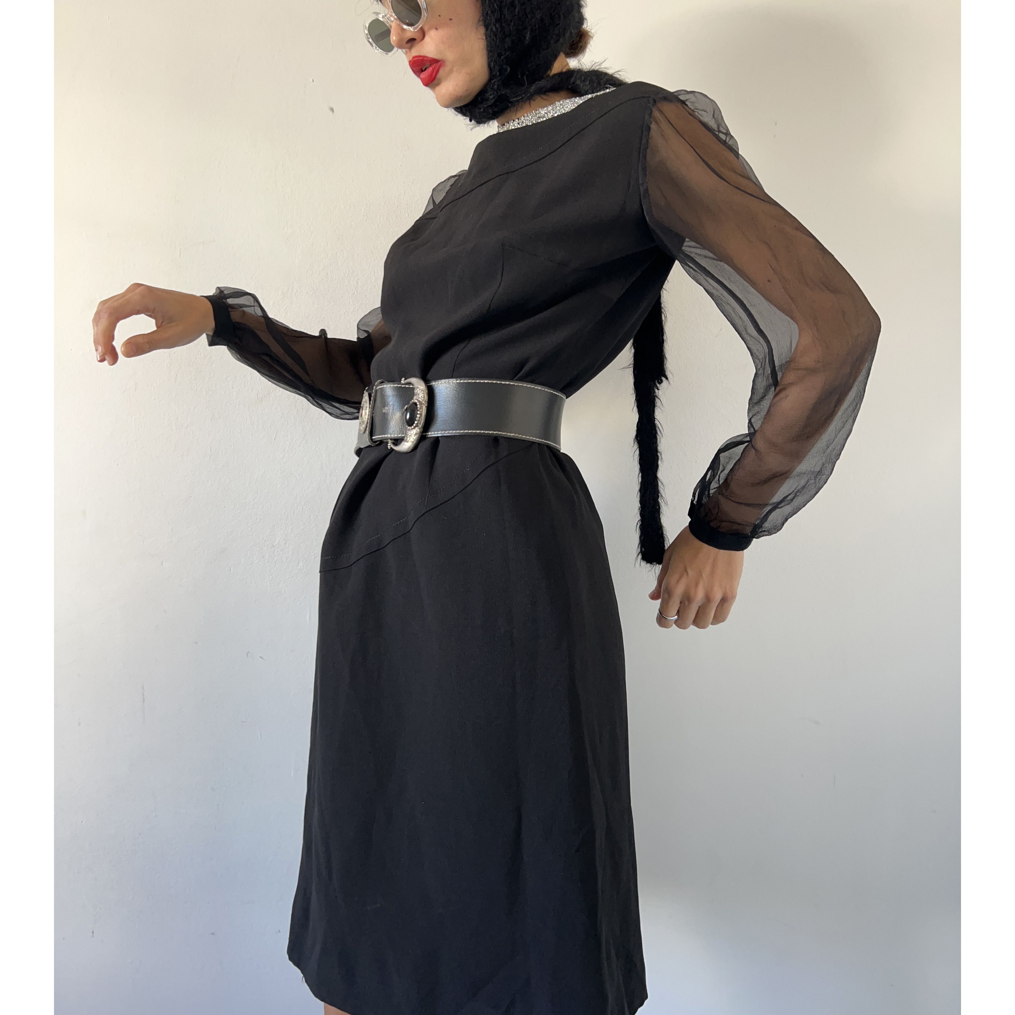 Vintage Vintage 70s Black Formal Midi Dress sheer sleeves Size S / US 4 / IT 40 - 4 Thumbnail