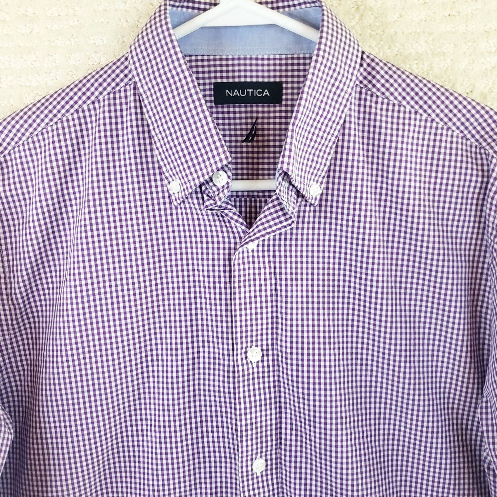 Nautica Nautica Dress Shirt Men L 16 34/35 Purple White Check Button-Down Long Sleeve Vintage Regular Size 42R - 3 Thumbnail