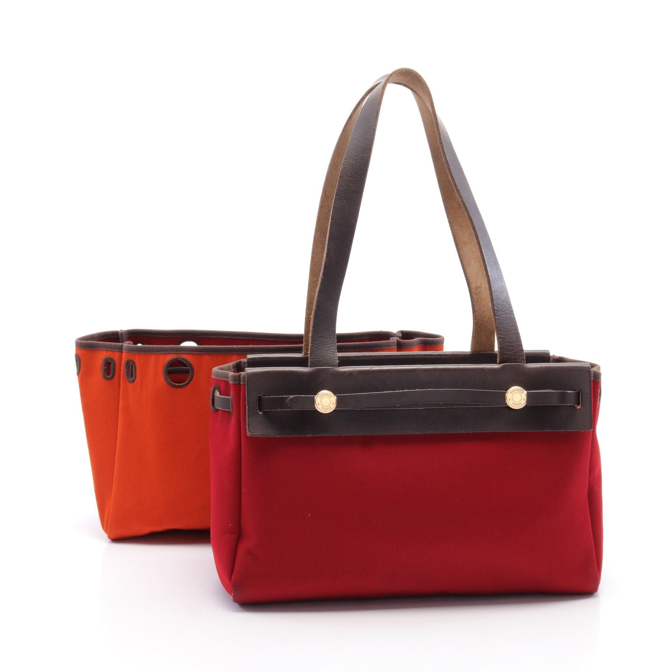 image of Hermes Herbag Bag Kabas Pm Shoulder Bag Tote Bag Towalmi Road Leather Red Dark Brown Gold Hardware 