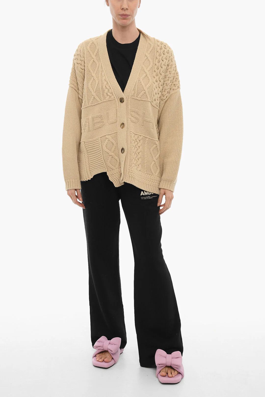Ambush Design og1mm0426 Cable Knit V-Neck Cardigan in Beige Size XS / US 0-2 / IT 36-38 - 4 Thumbnail