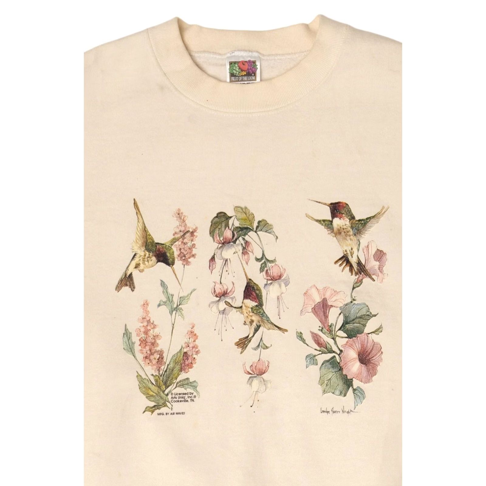 Fruit Of The Loom VINTAGE Hummingbirds And Flowers Sweatshirt Fruit of the Loom X-Large Beige 1990s Long Sleeve Cotton / Polyester Mens Womens Boys Girls Size US XL / EU 56 / 4 - 6 Thumbnail