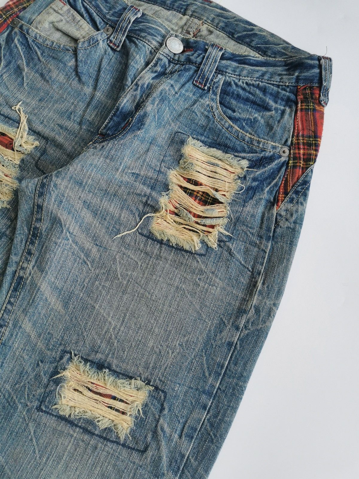 Seditionaries Skull Red Tartan Patchwork Tapered Denim Jeans Size US 30 / EU 46 - 5 Thumbnail