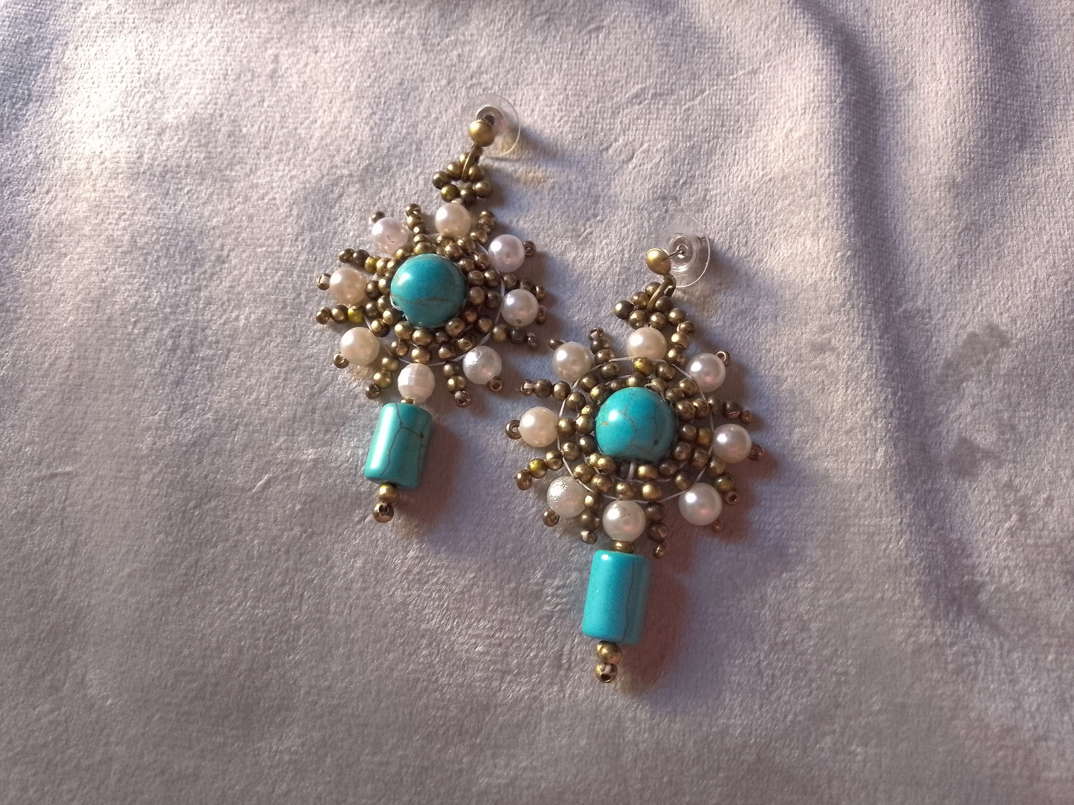 Handmade Earrings Precious Turquoise Howlite gemstones. pearls, brass Size ONE SIZE - 6 Thumbnail