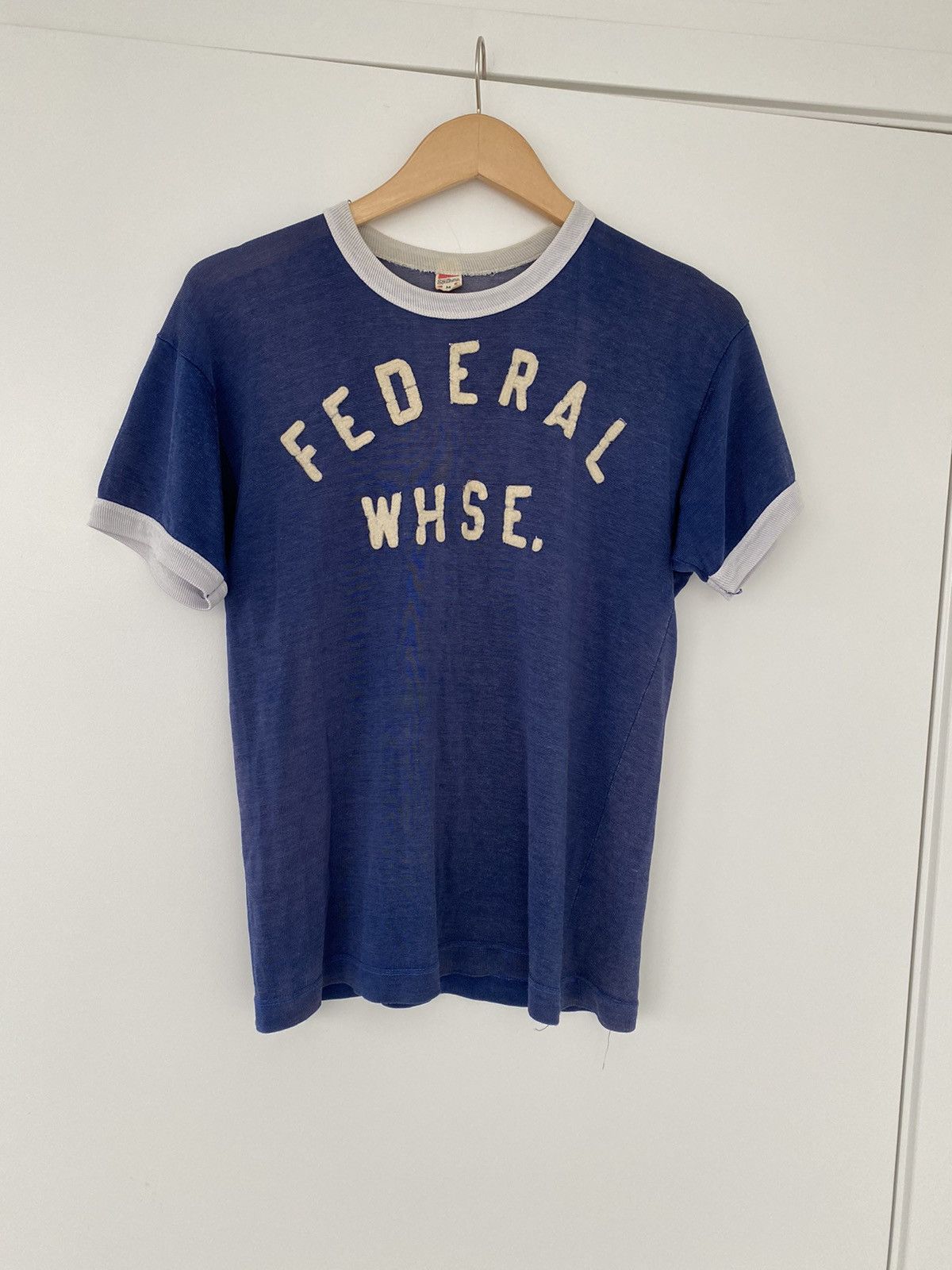 image of 1950S Vintage Ringer Tee in Blue White, Men's (Size Small)